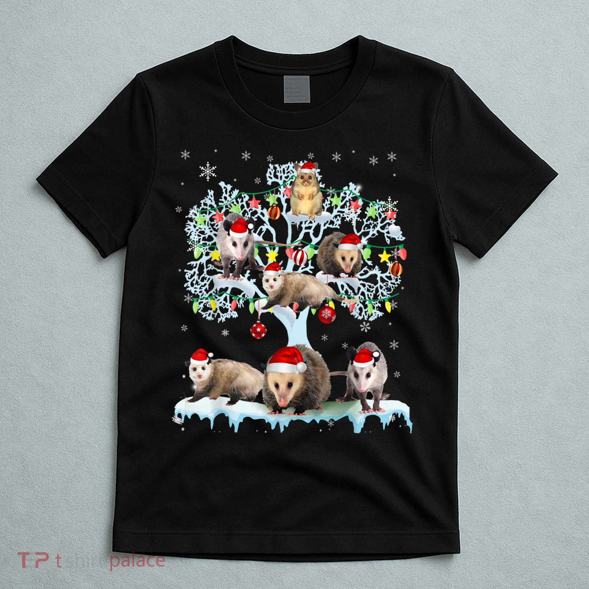 Opossums On Christmas Tree Xmas Lights Santa Opossum Lover T-Shirt