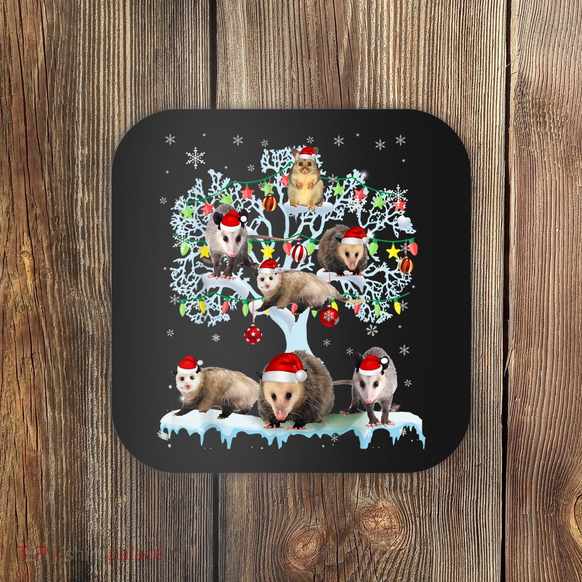 Opossums On Christmas Tree Xmas Lights Santa Opossum Lover Coaster