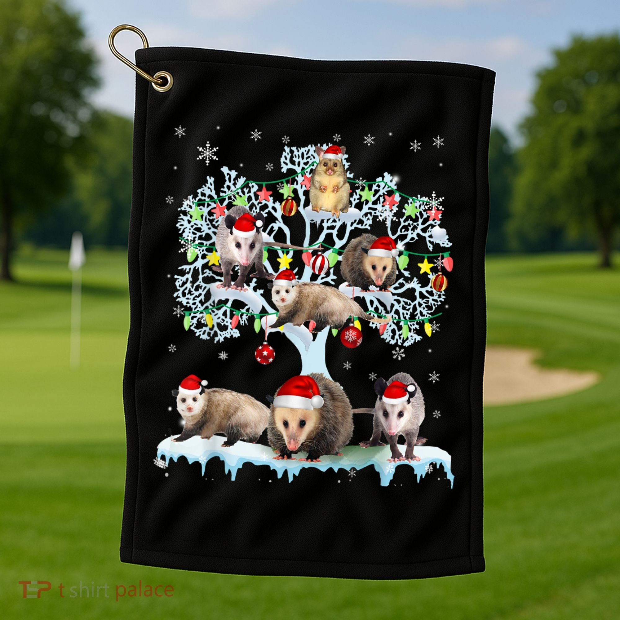 Opossums On Christmas Tree Xmas Lights Santa Opossum Lover Golf Towel