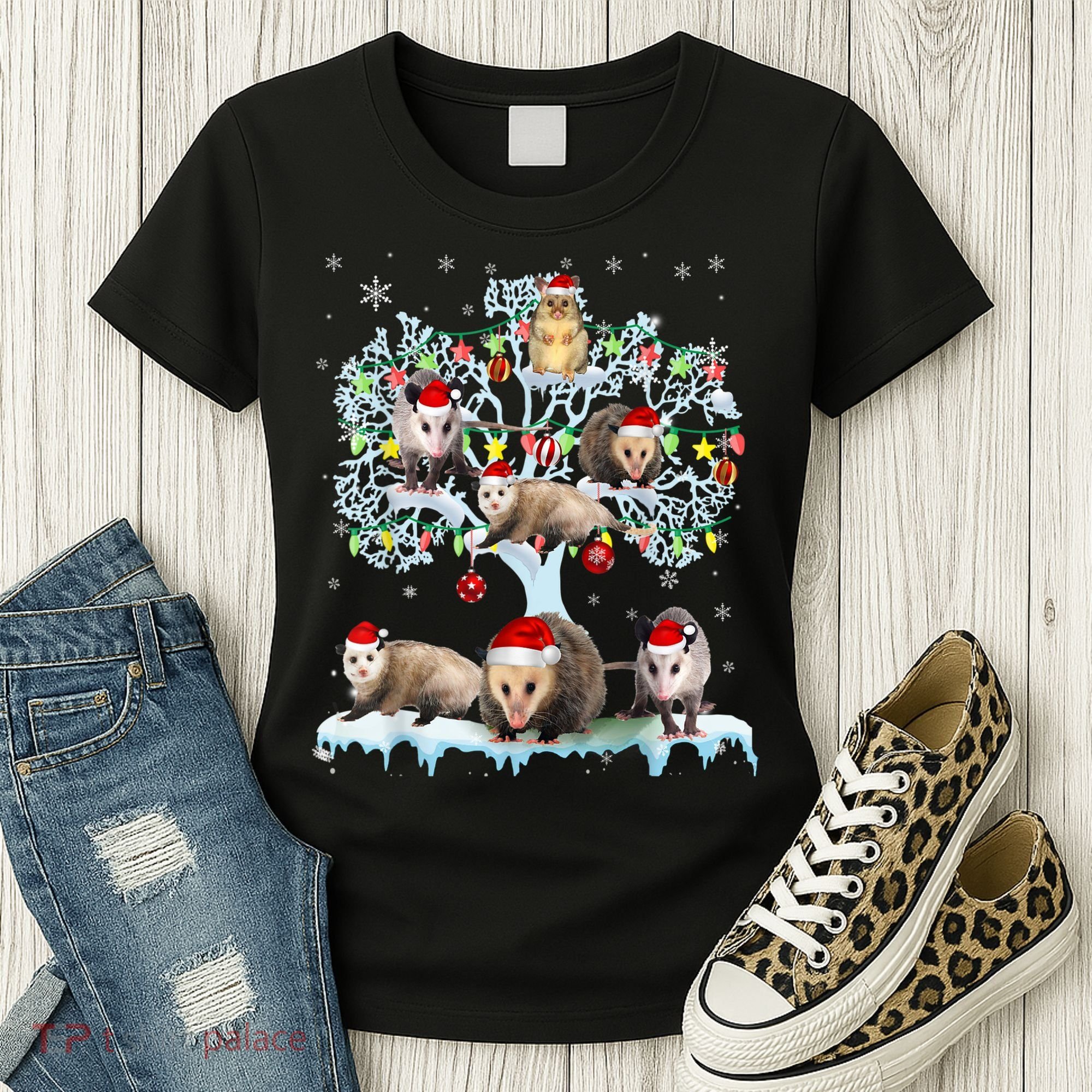 Opossums On Christmas Tree Xmas Lights Santa Opossum Lover Women's T-Shirt