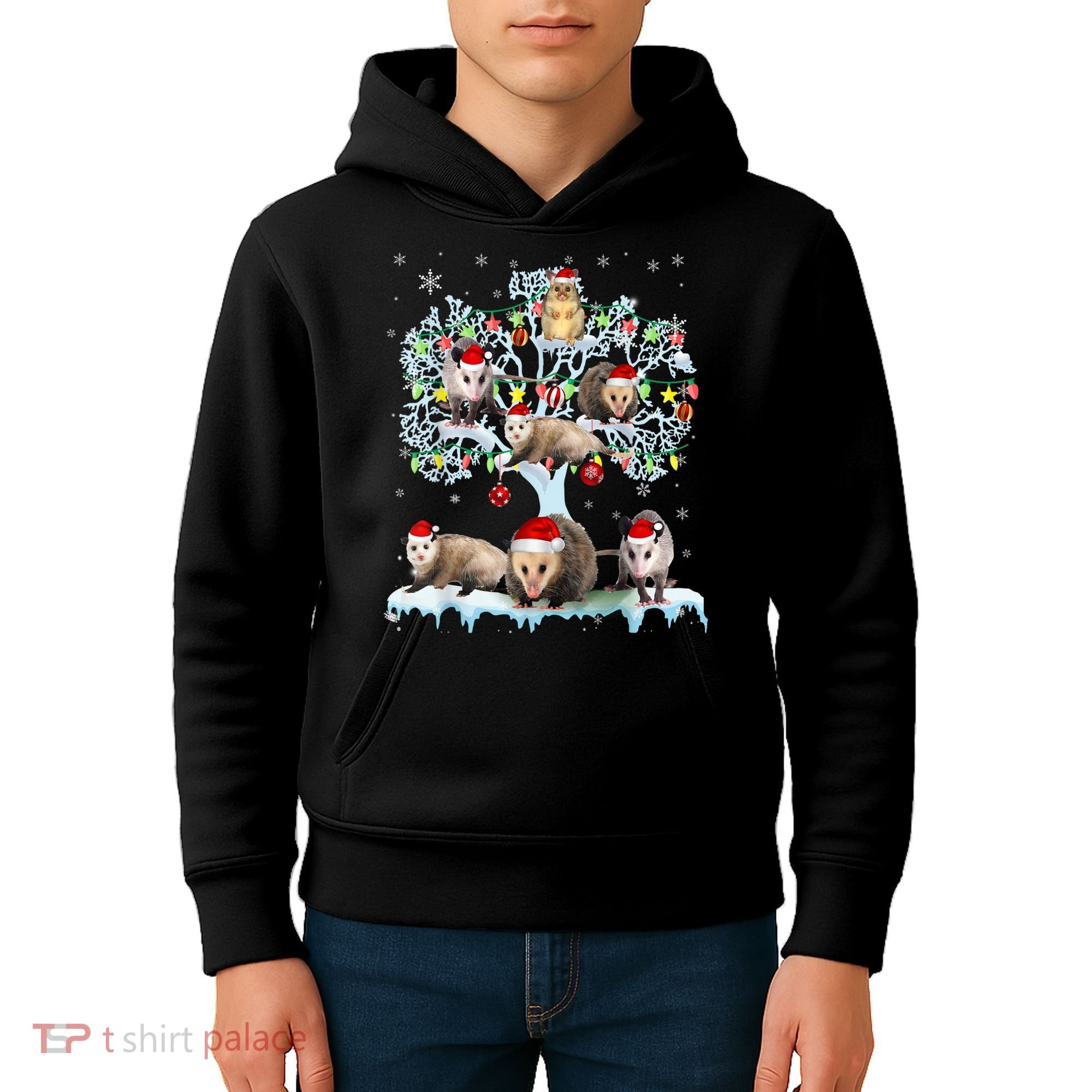 Opossums On Christmas Tree Xmas Lights Santa Opossum Lover Kids Hoodie