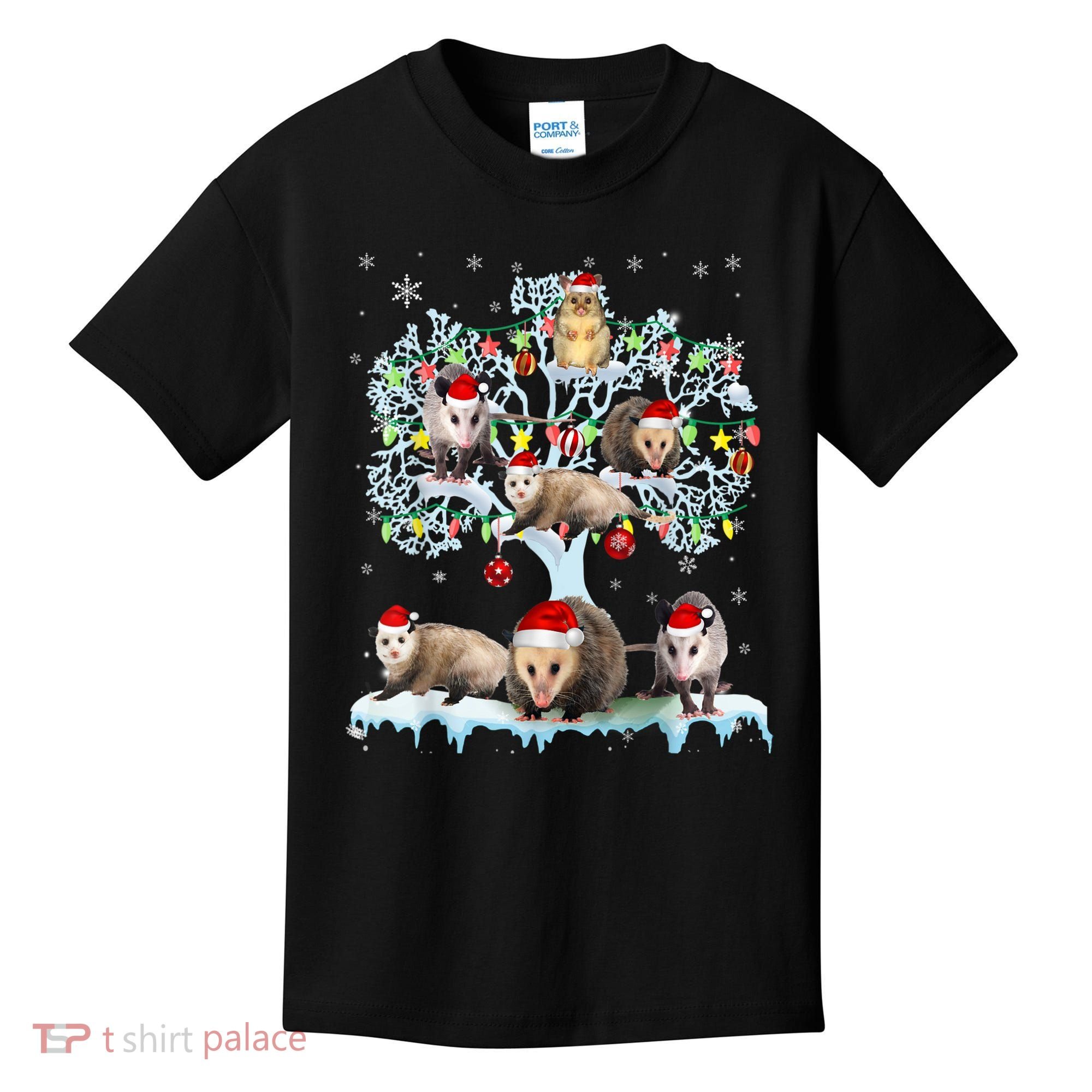 Opossums On Christmas Tree Xmas Lights Santa Opossum Lover Kids T-Shirt