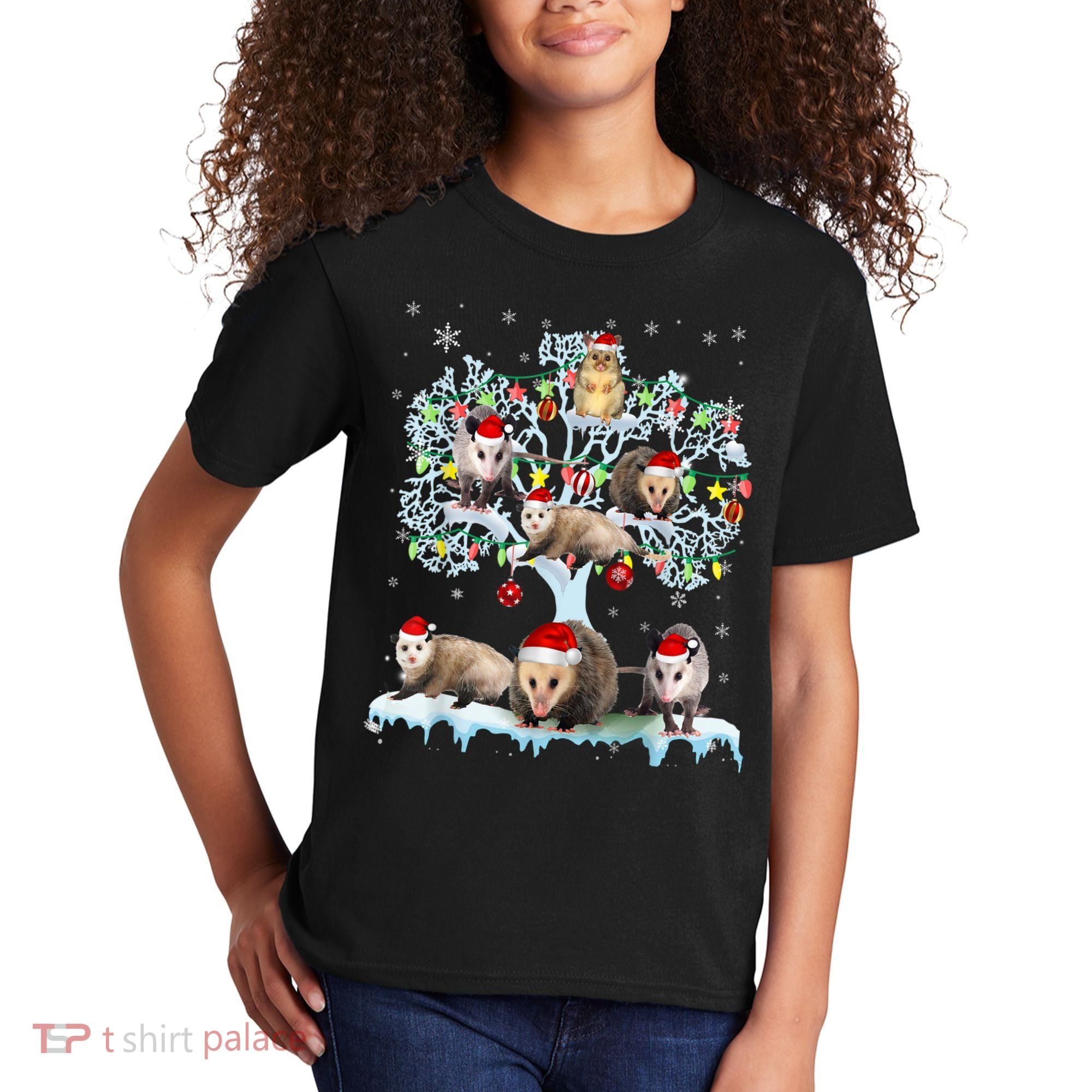 Opossums On Christmas Tree Xmas Lights Santa Opossum Lover Kids T-Shirt