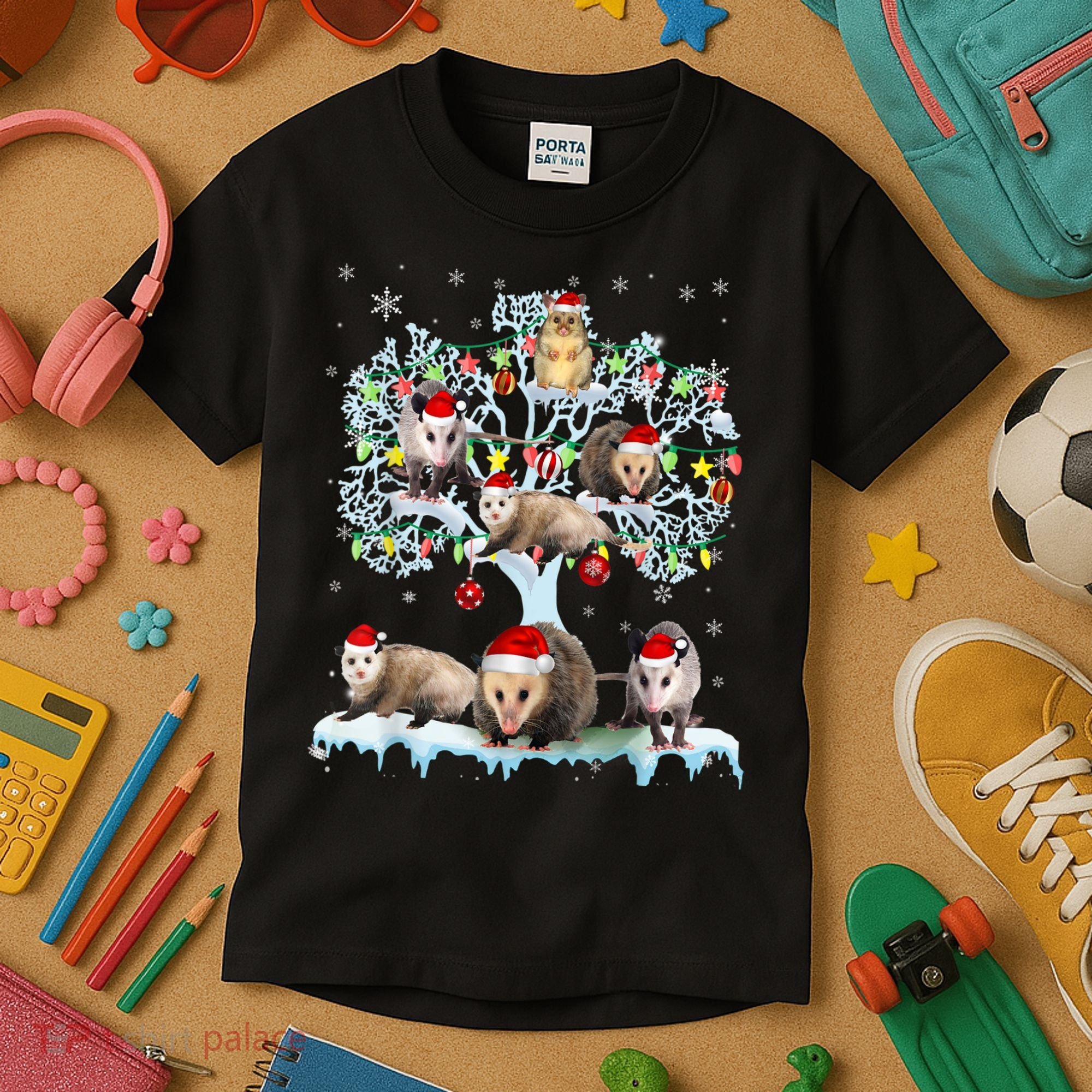 Opossums On Christmas Tree Xmas Lights Santa Opossum Lover Kids T-Shirt