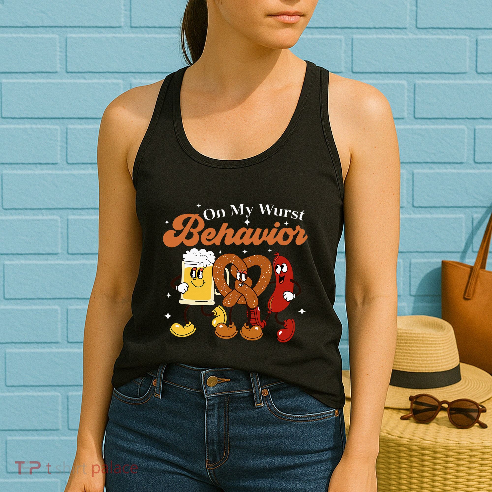 Oktoberfest On My Wurst Behavior Funny German Beer Bratwurst Women's Tank Top