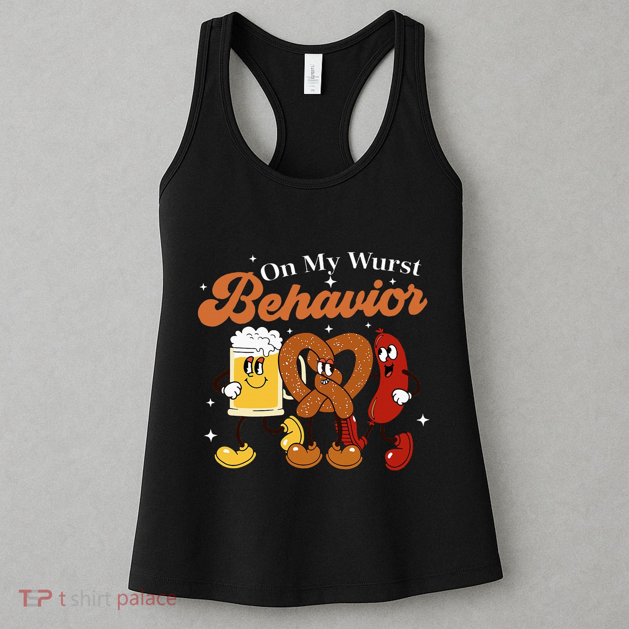 Oktoberfest On My Wurst Behavior Funny German Beer Bratwurst Women's Tank Top