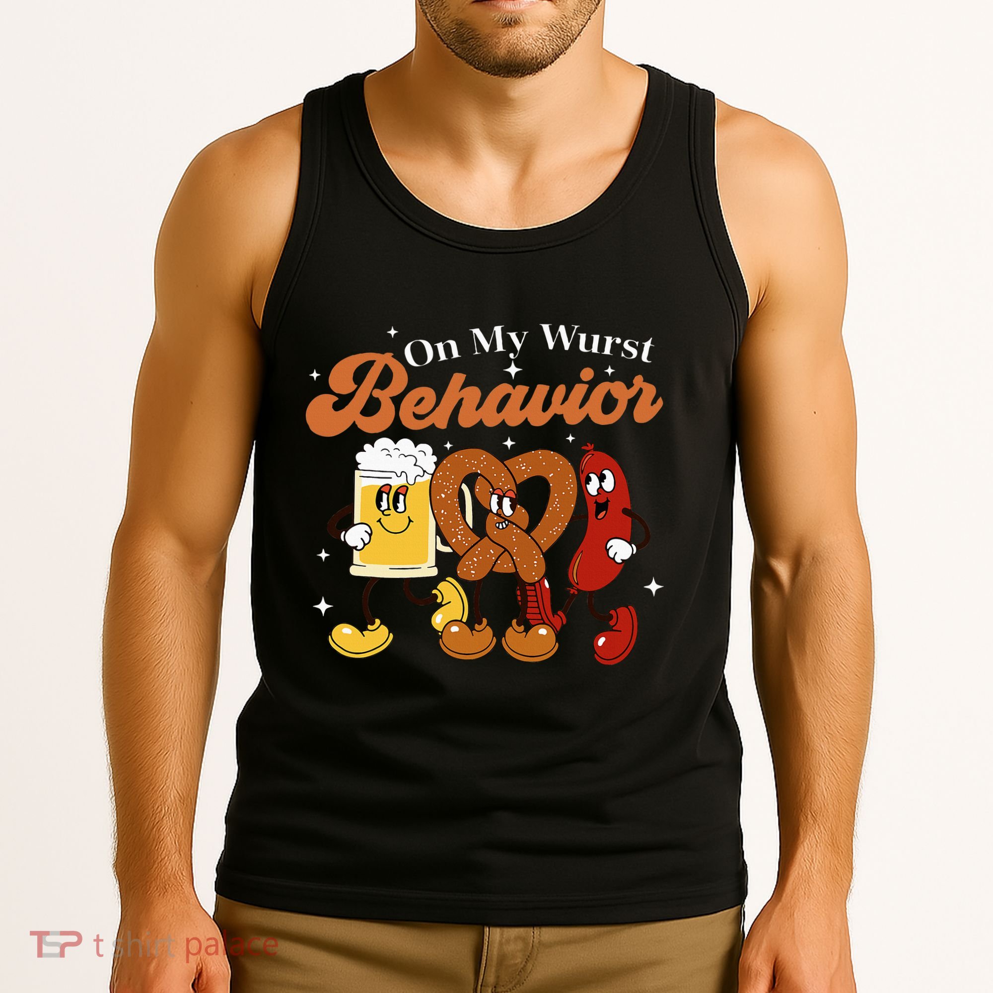 Oktoberfest On My Wurst Behavior Funny German Beer Bratwurst Tank Top