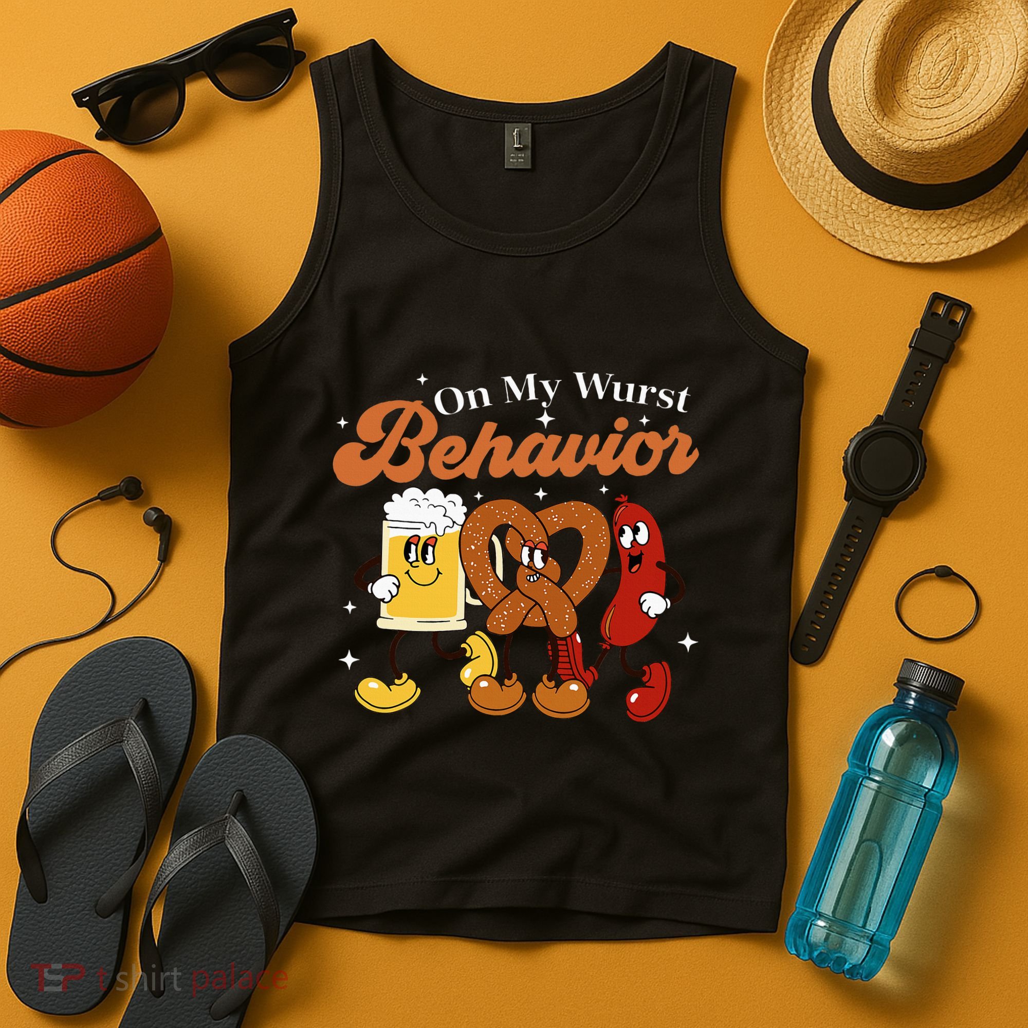 Oktoberfest On My Wurst Behavior Funny German Beer Bratwurst Tank Top