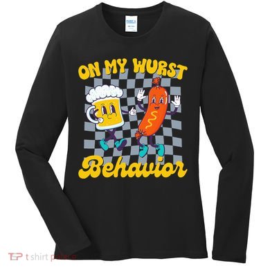 Oktoberfest On My Wurst Behavior Retro Groovy Beer Women's Long Sleeve Shirt