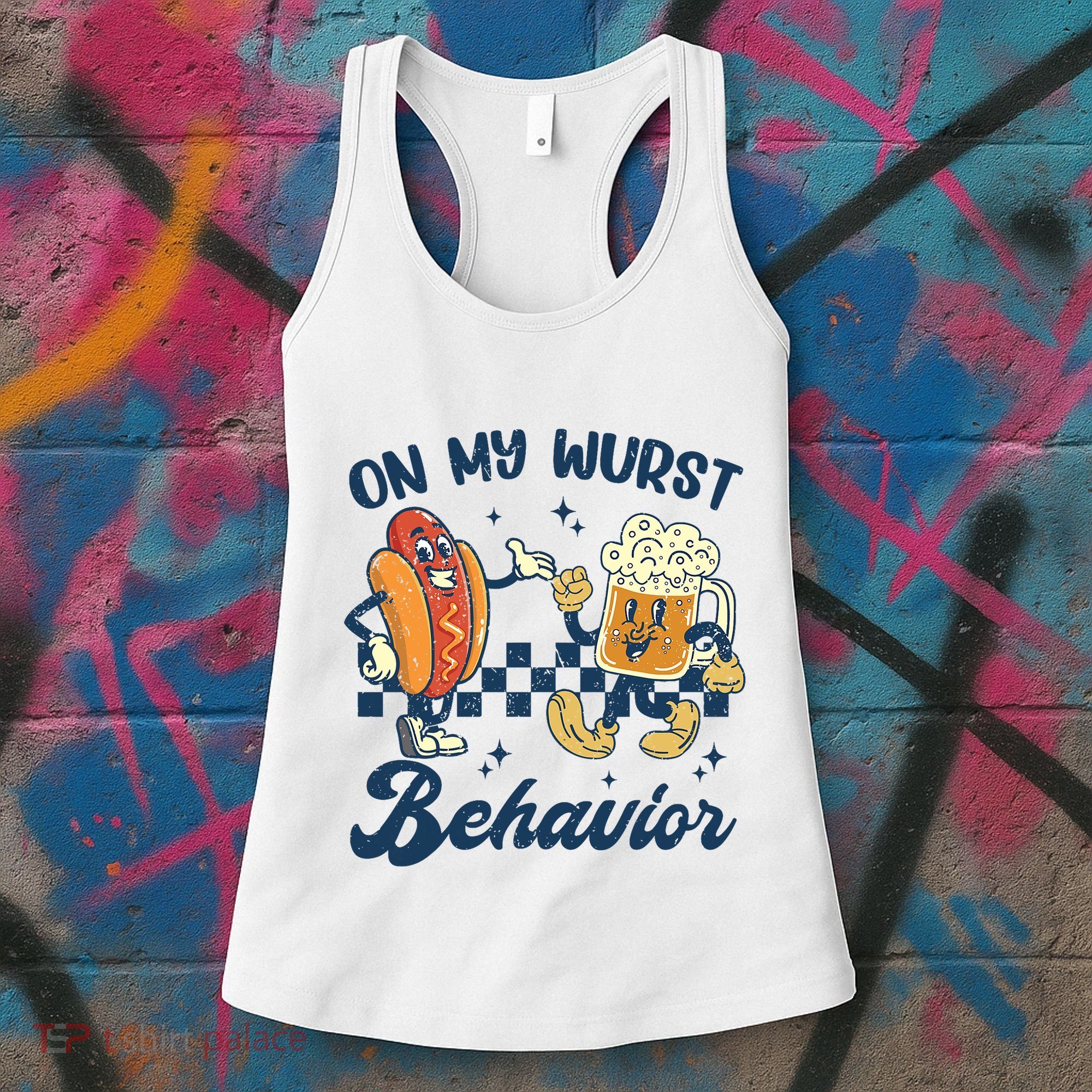 Oktoberfest On My Wurst Behavior Funny German Beer Bratwurst Women's Tank Top