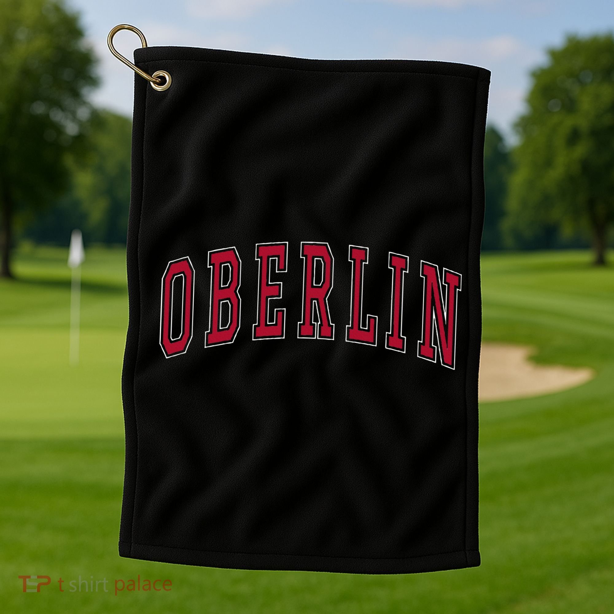 Oberlin Ohio Souvenir College Style Red Text Golf Towel