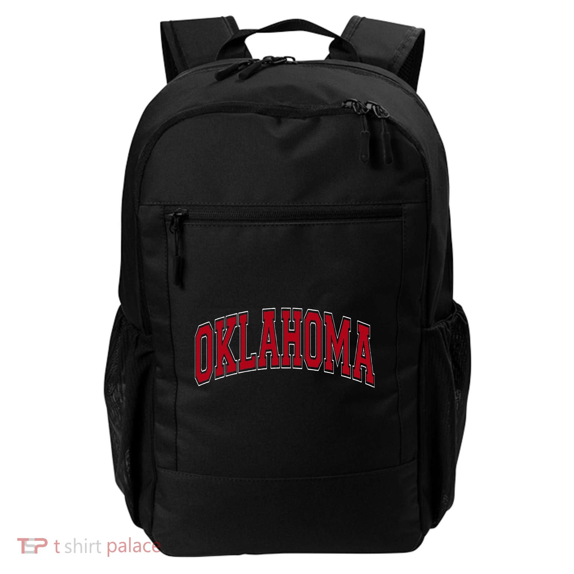 Oklahoma OK Varsity Style Red Text Backpack