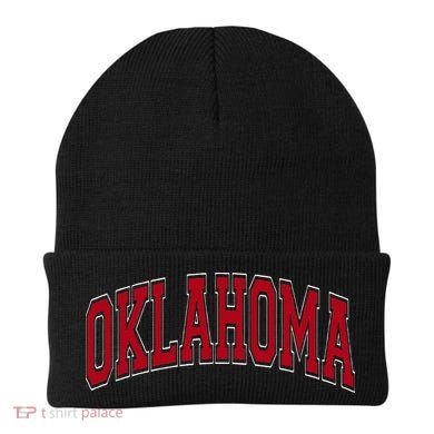 Oklahoma OK Varsity Style Red Text Beanie