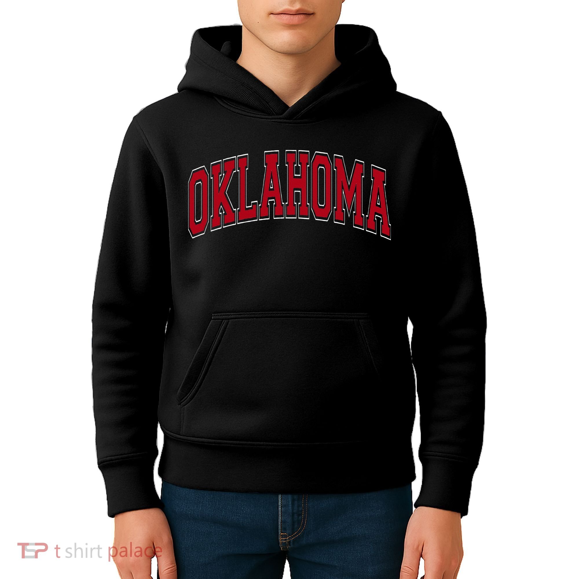 Oklahoma OK Varsity Style Red Text Kids Hoodie