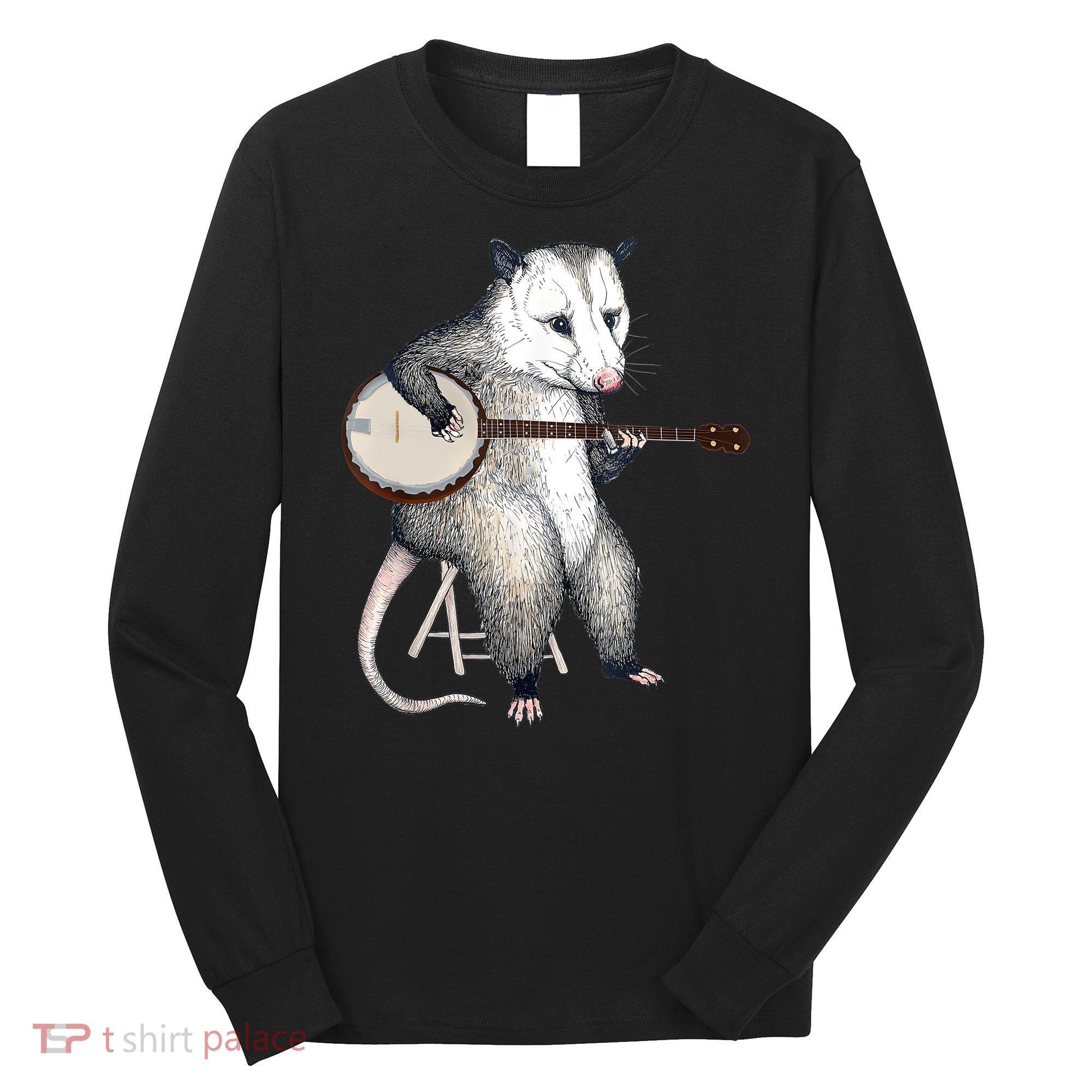 Opossum Playing Banjo Guitar Possum Live Weird Trash Kitty Long Sleeve Shirt