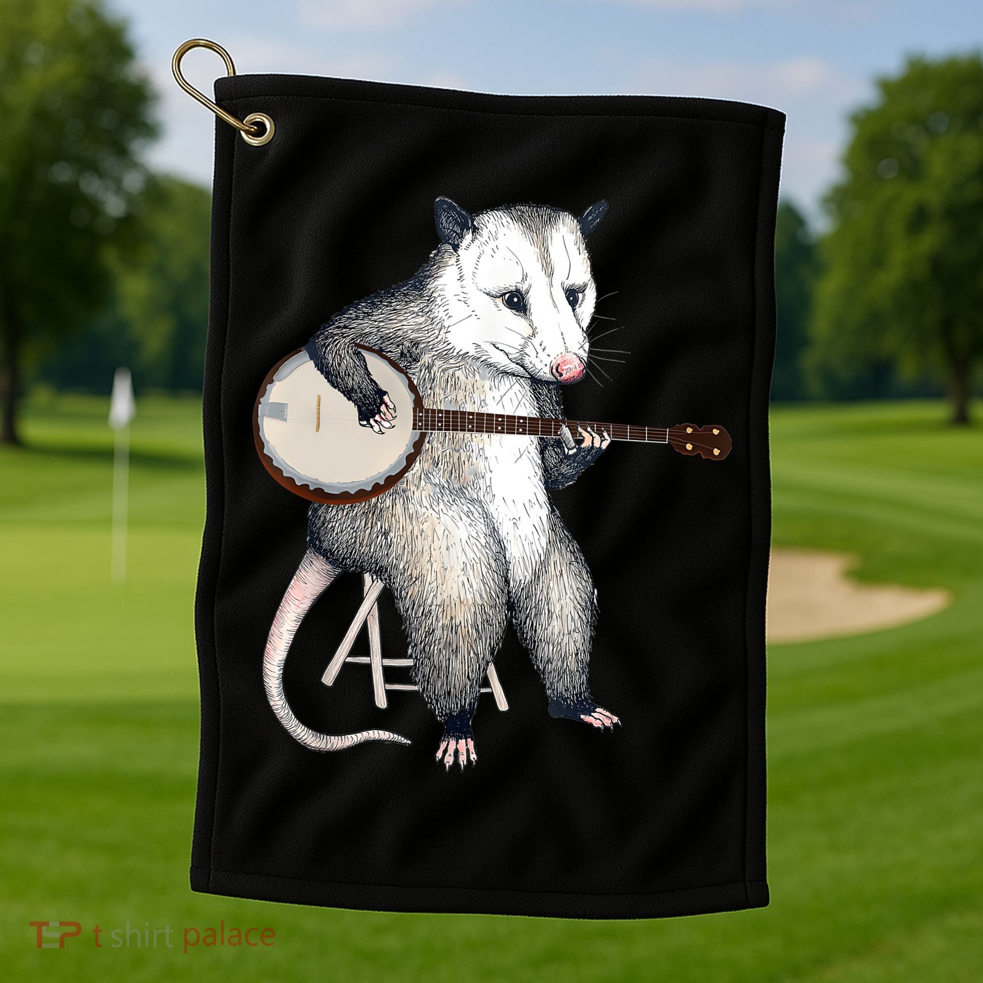 Opossum Playing Banjo Guitar Possum Live Weird Trash Kitty Golf Towel