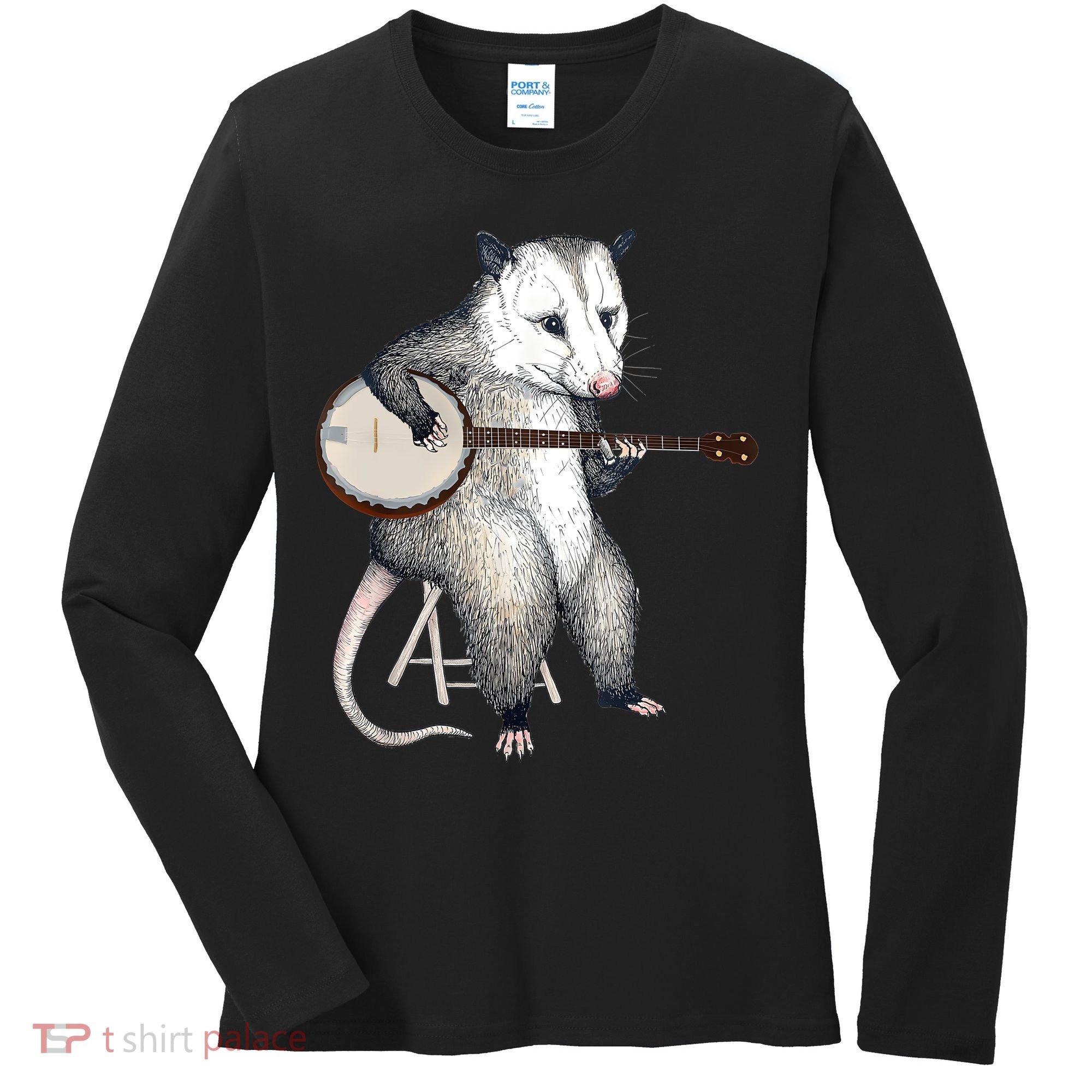 Opossum Playing Banjo Guitar Possum Live Weird Trash Kitty Women's Long Sleeve Shirt