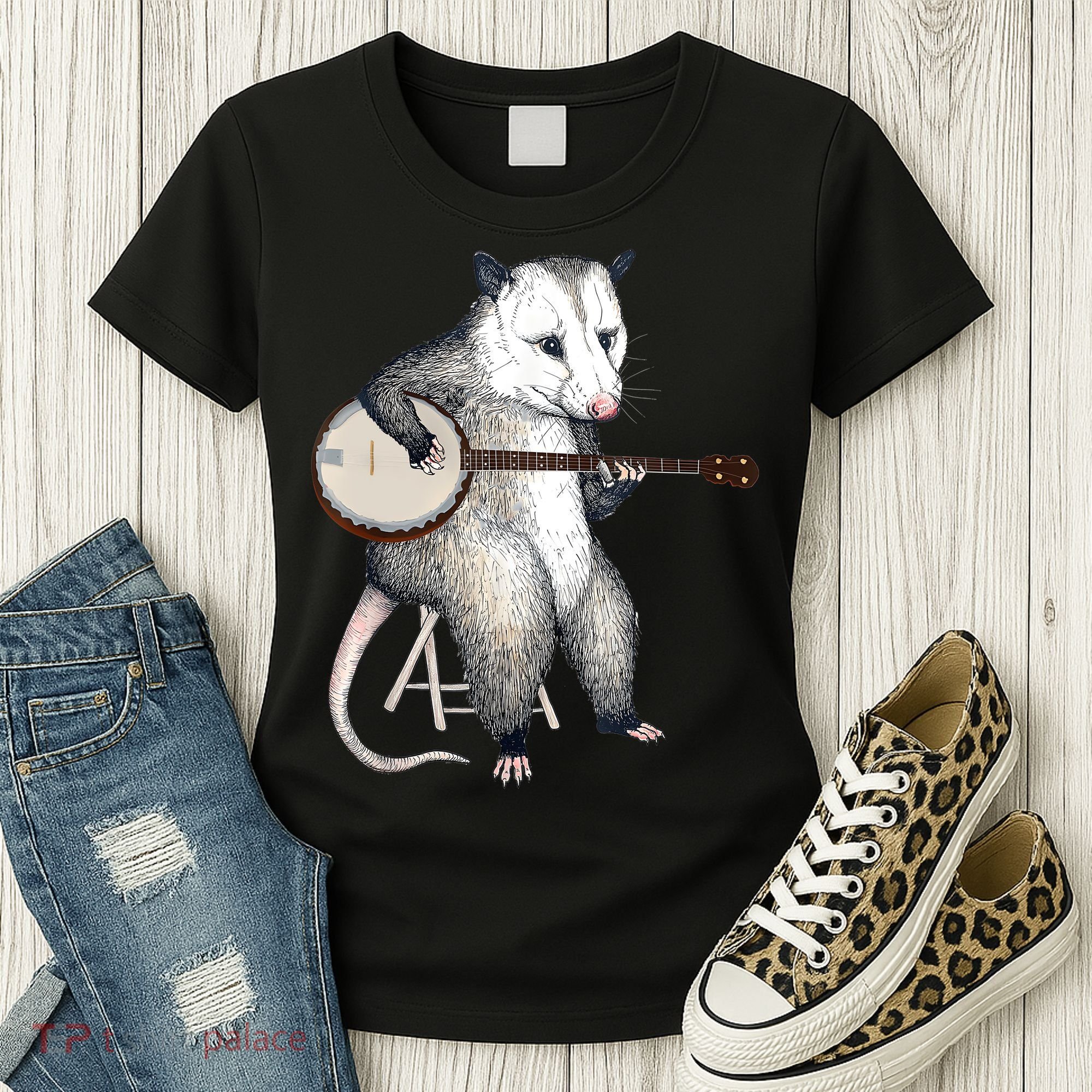 Opossum Playing Banjo Guitar Possum Live Weird Trash Kitty Women's T-Shirt