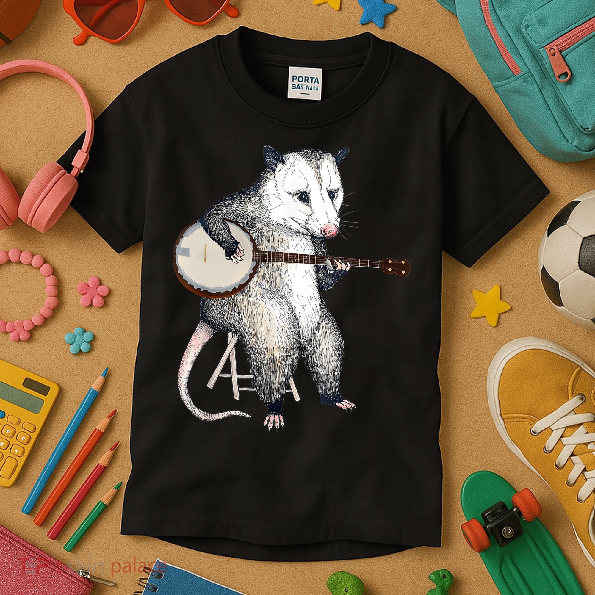 Opossum Playing Banjo Guitar Possum Live Weird Trash Kitty Kids T-Shirt