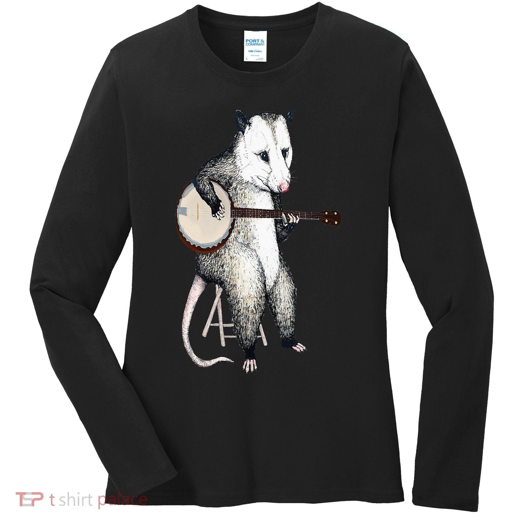 Opossum Playing Banjo Guitar Possum Live Weird Trash Kitty Women's Long Sleeve Shirt