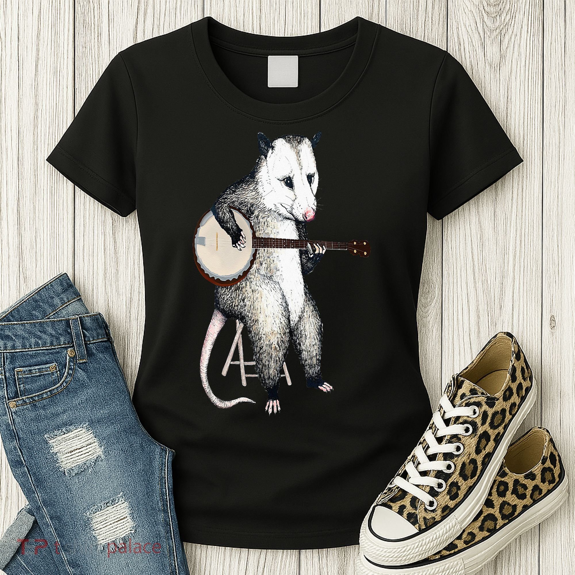 Opossum Playing Banjo Guitar Possum Live Weird Trash Kitty Women's T-Shirt