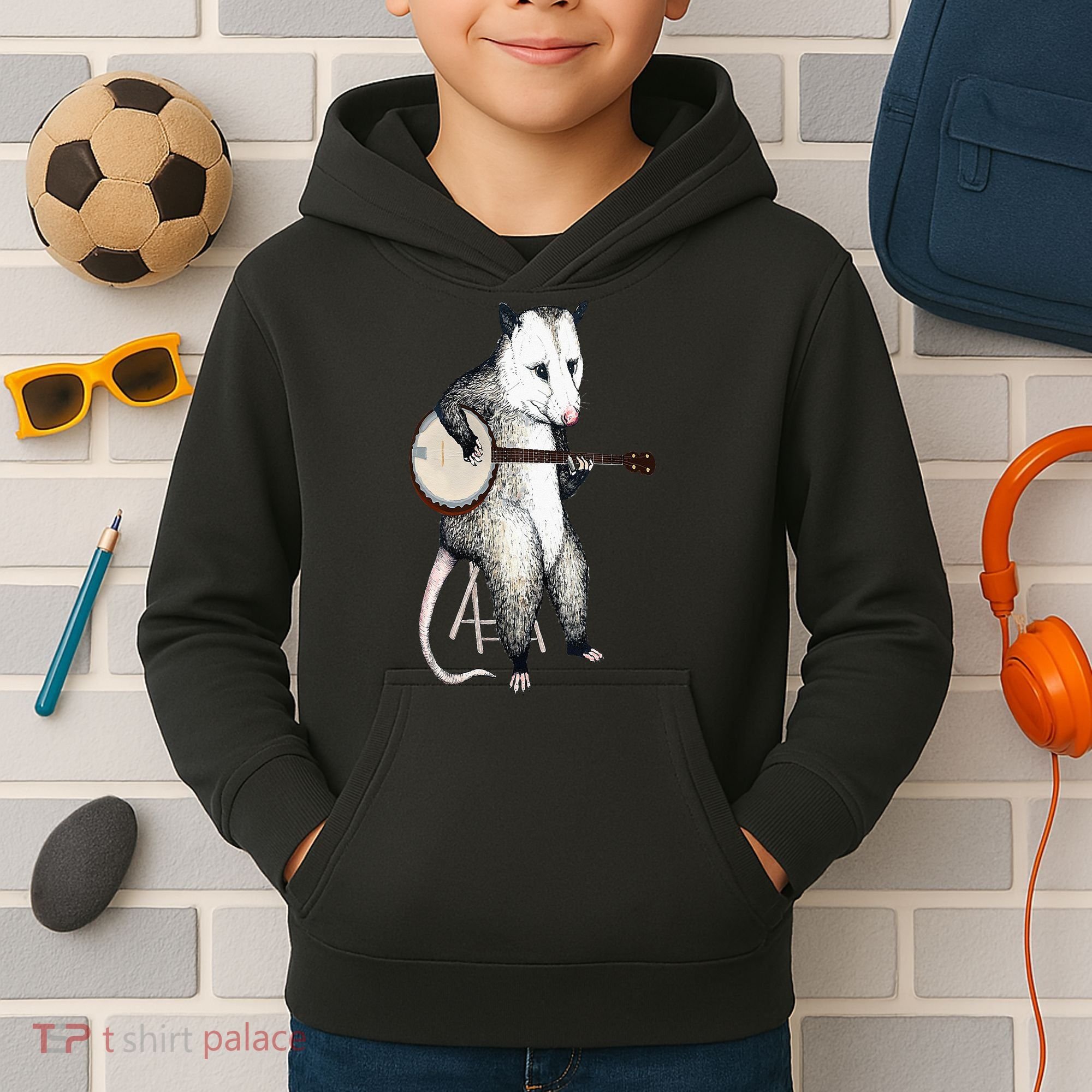 Opossum Playing Banjo Guitar Possum Live Weird Trash Kitty Kids Hoodie