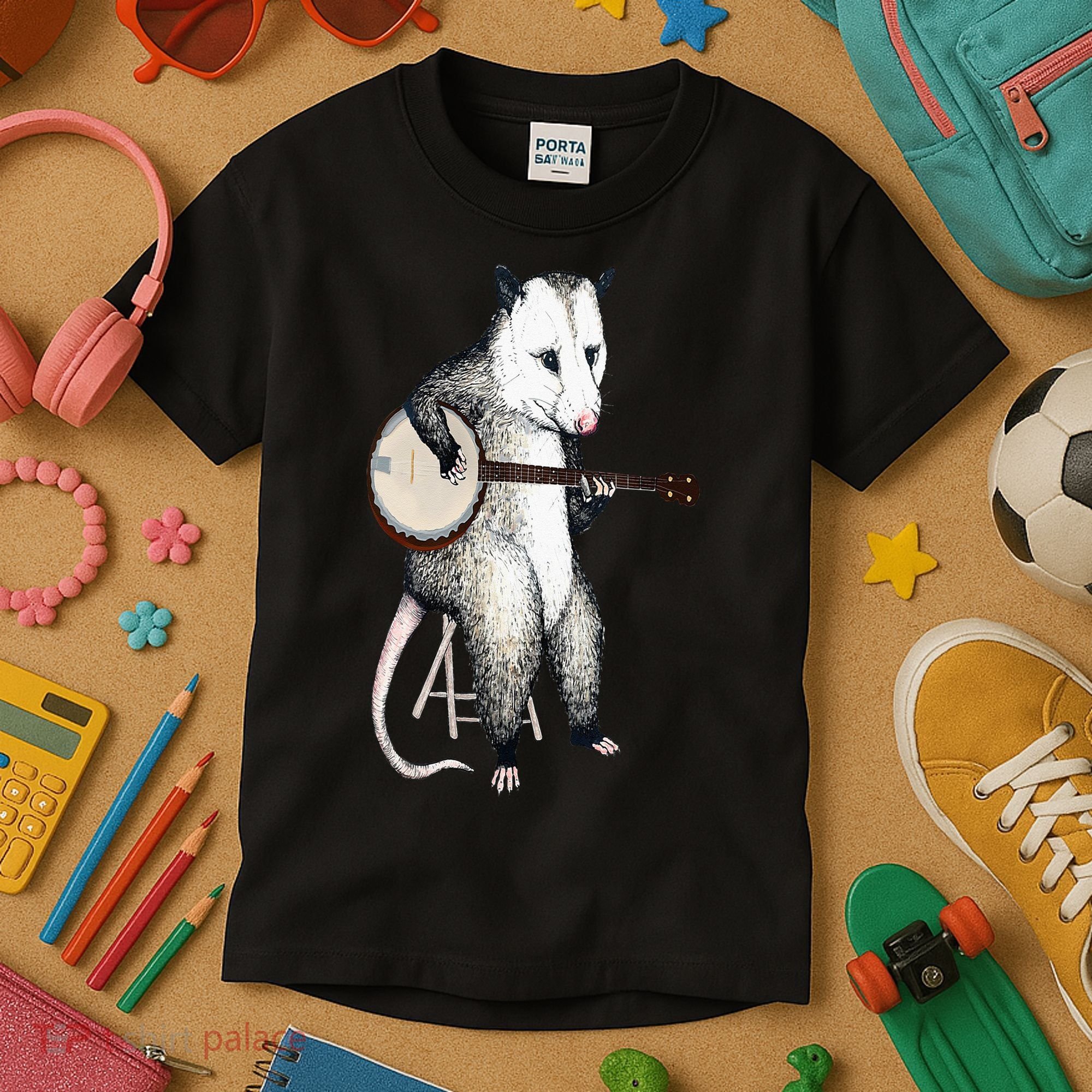 Opossum Playing Banjo Guitar Possum Live Weird Trash Kitty Kids T-Shirt
