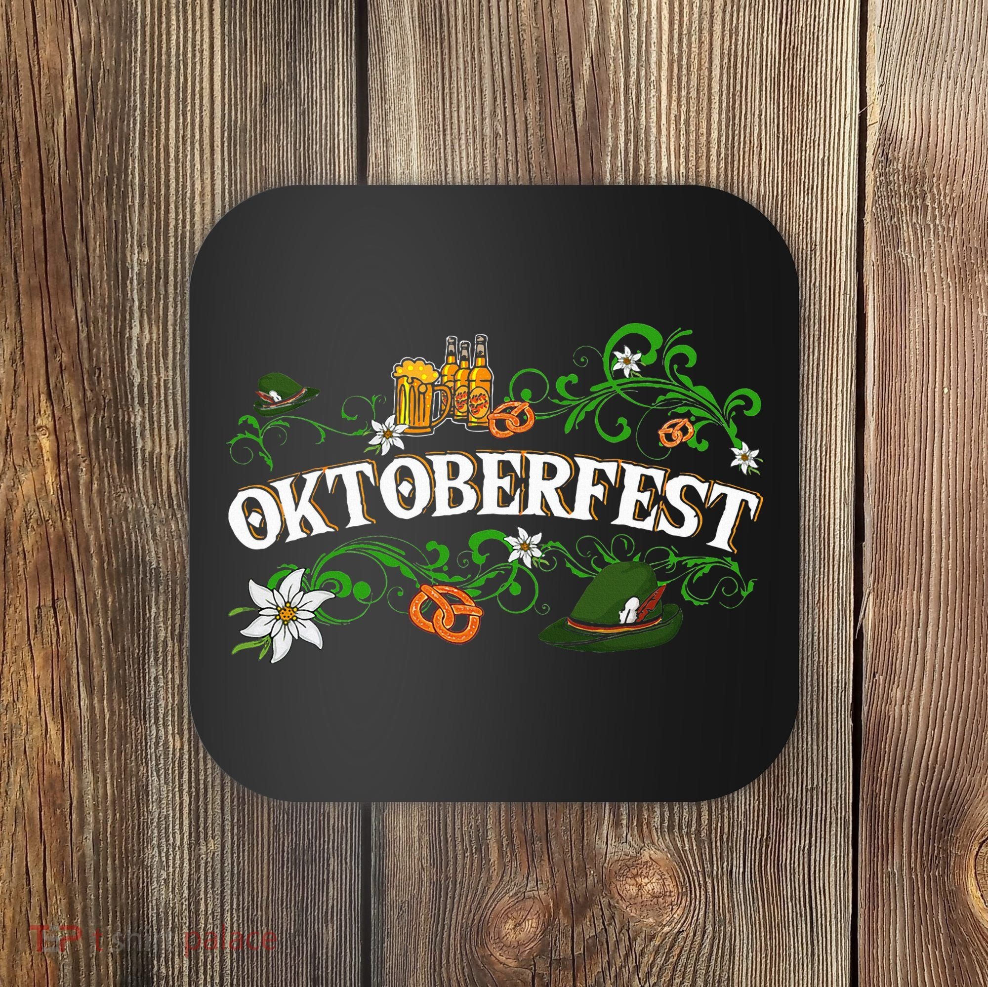 Oktoberfest Party Hat with Beer, Pretzel, and Edelweiss Coaster