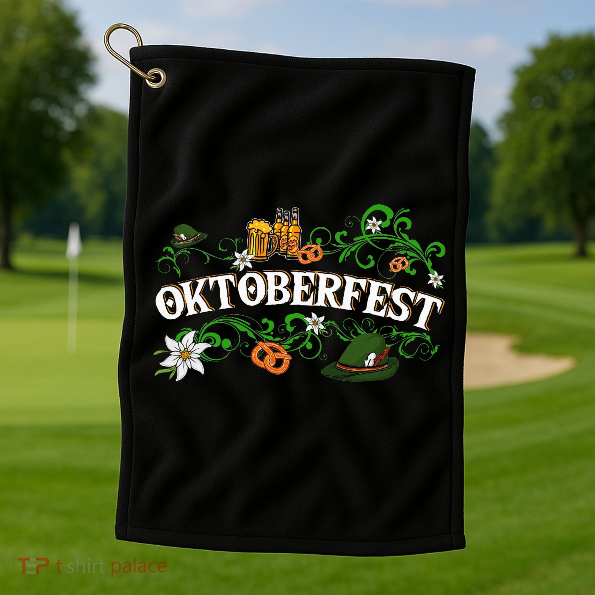 Oktoberfest Party Hat with Beer, Pretzel, and Edelweiss Golf Towel