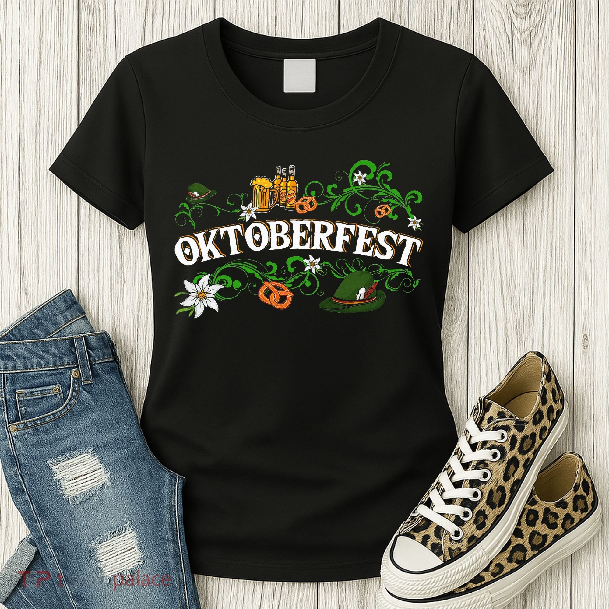 Oktoberfest Party Hat with Beer, Pretzel, and Edelweiss Women's T-Shirt