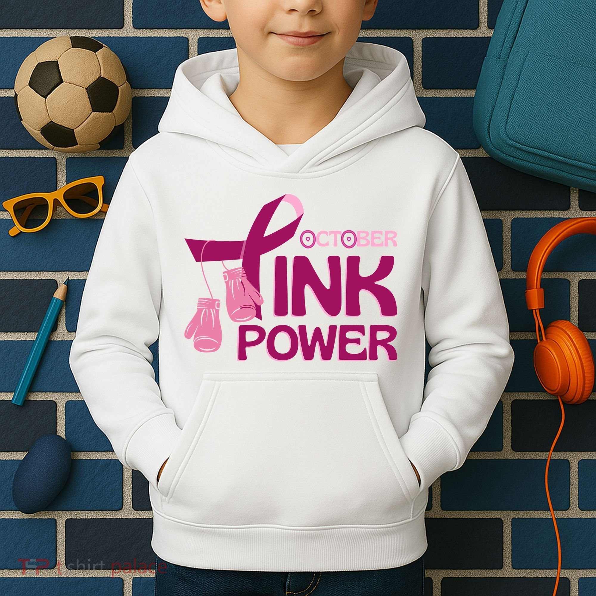 October Pink Power Breast Cancer Kids Hoodie