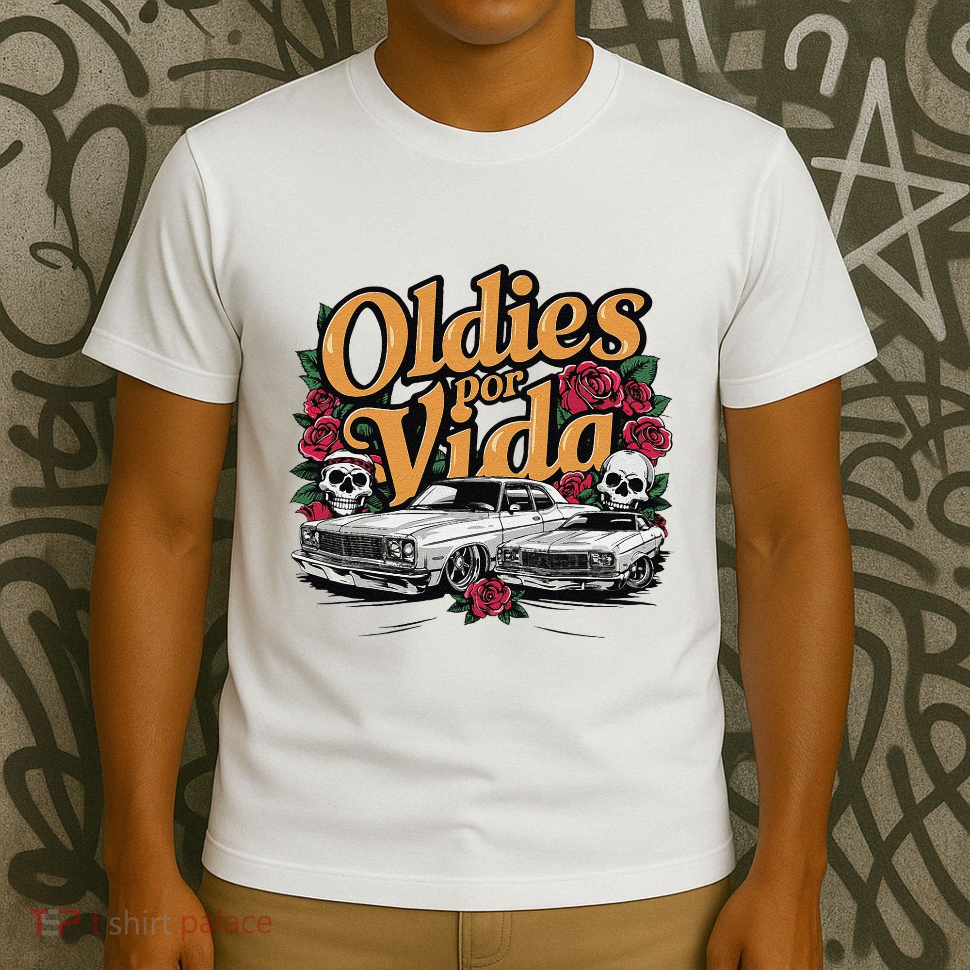 Oldies Por Vida Vintage Lowrider Car Mexican Chicano Cholo T-Shirt