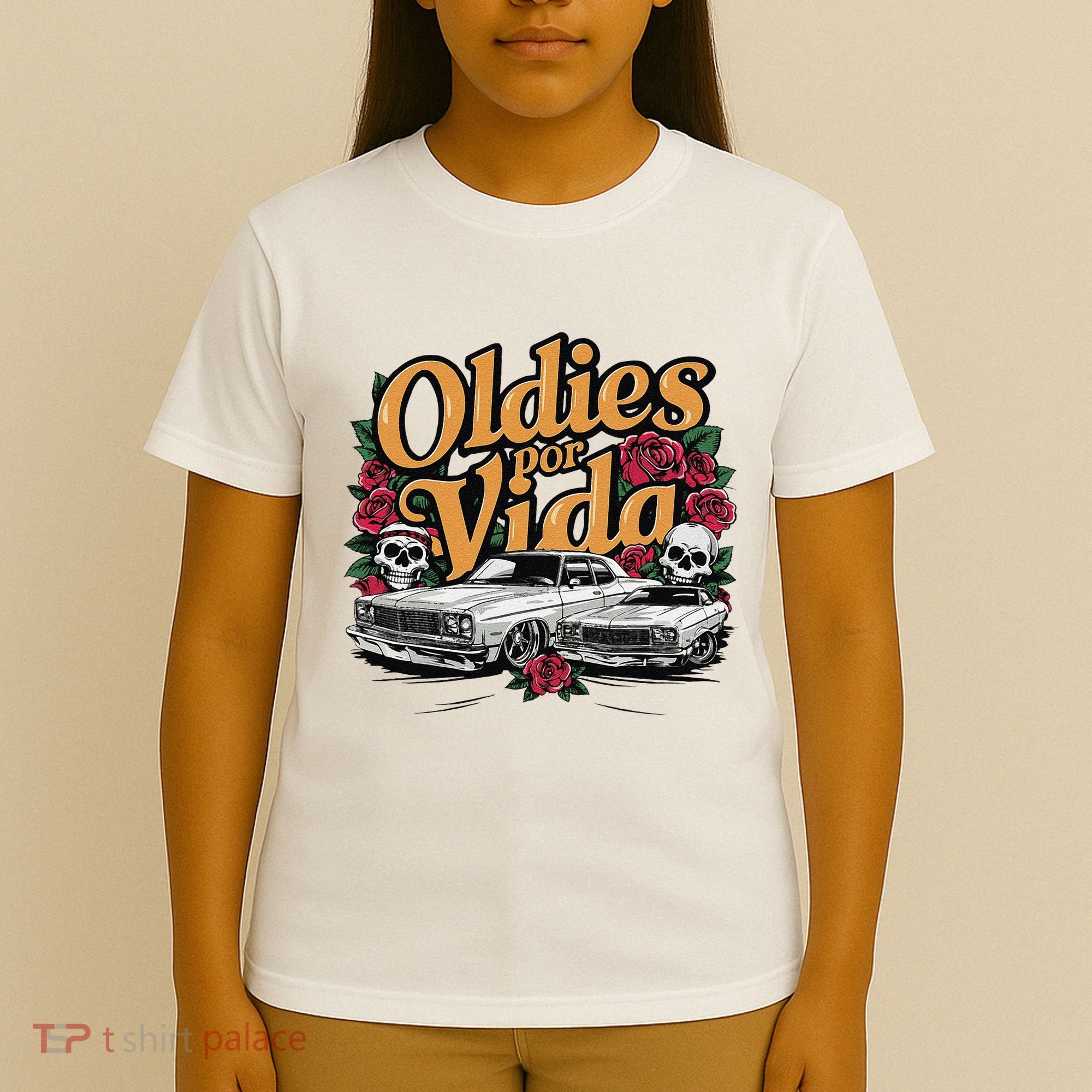 Oldies Por Vida Vintage Lowrider Car Mexican Chicano Cholo T-Shirt