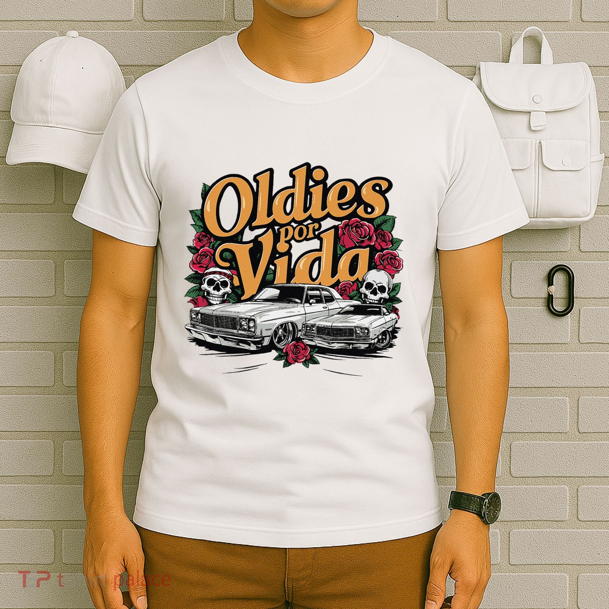Oldies Por Vida Vintage Lowrider Car Mexican Chicano Cholo T-Shirt