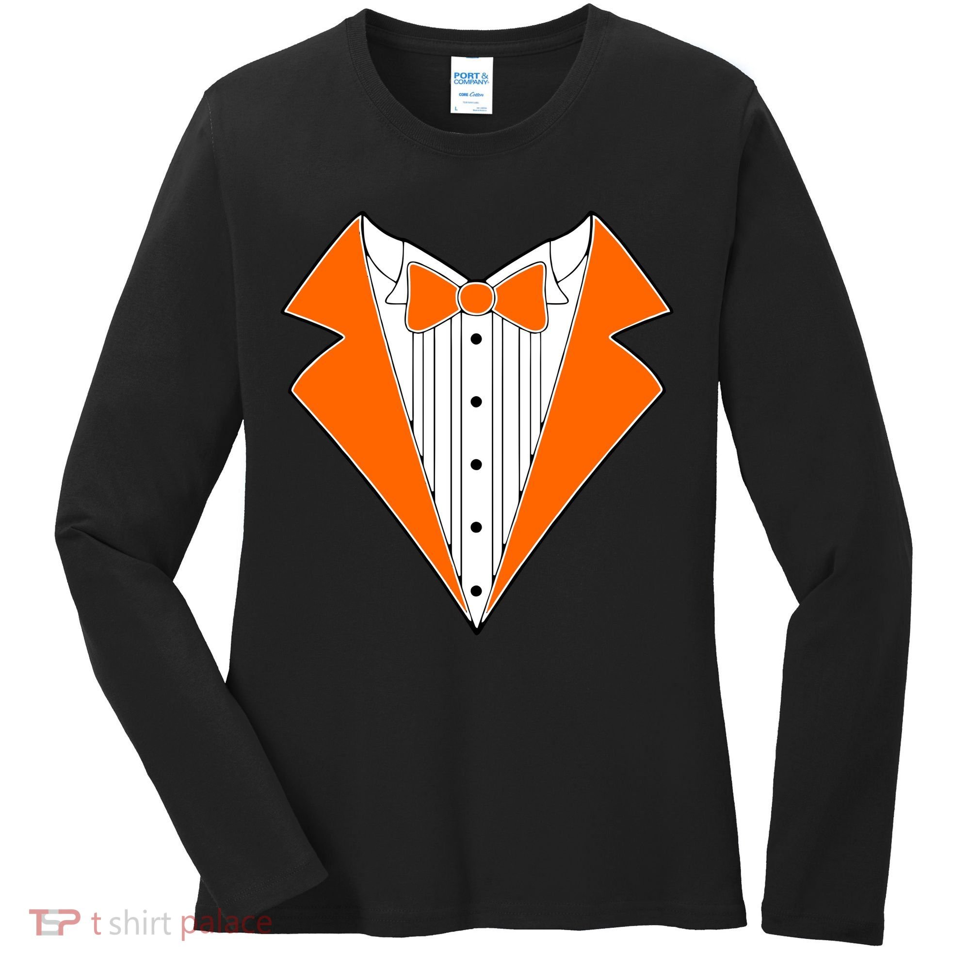 Orange Tuxedo Wedding Bachelor Prom Tux Women's Long Sleeve Shirt