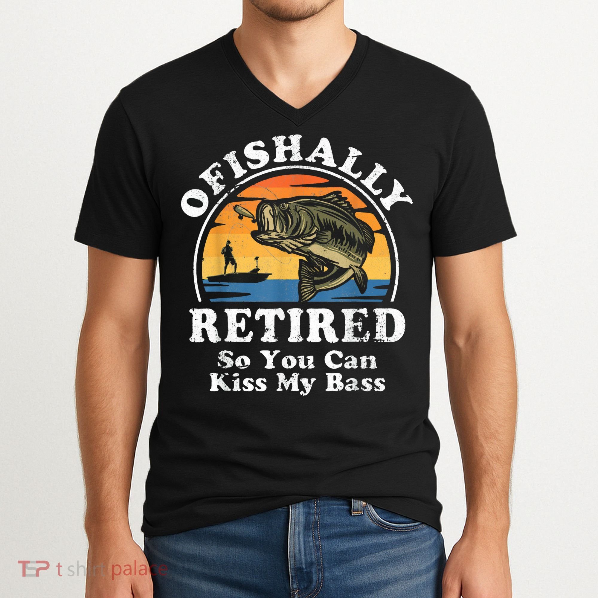 Ofishally Retired Funny Bass Fishing Retirement Gift For Men V-Neck T-Shirt
