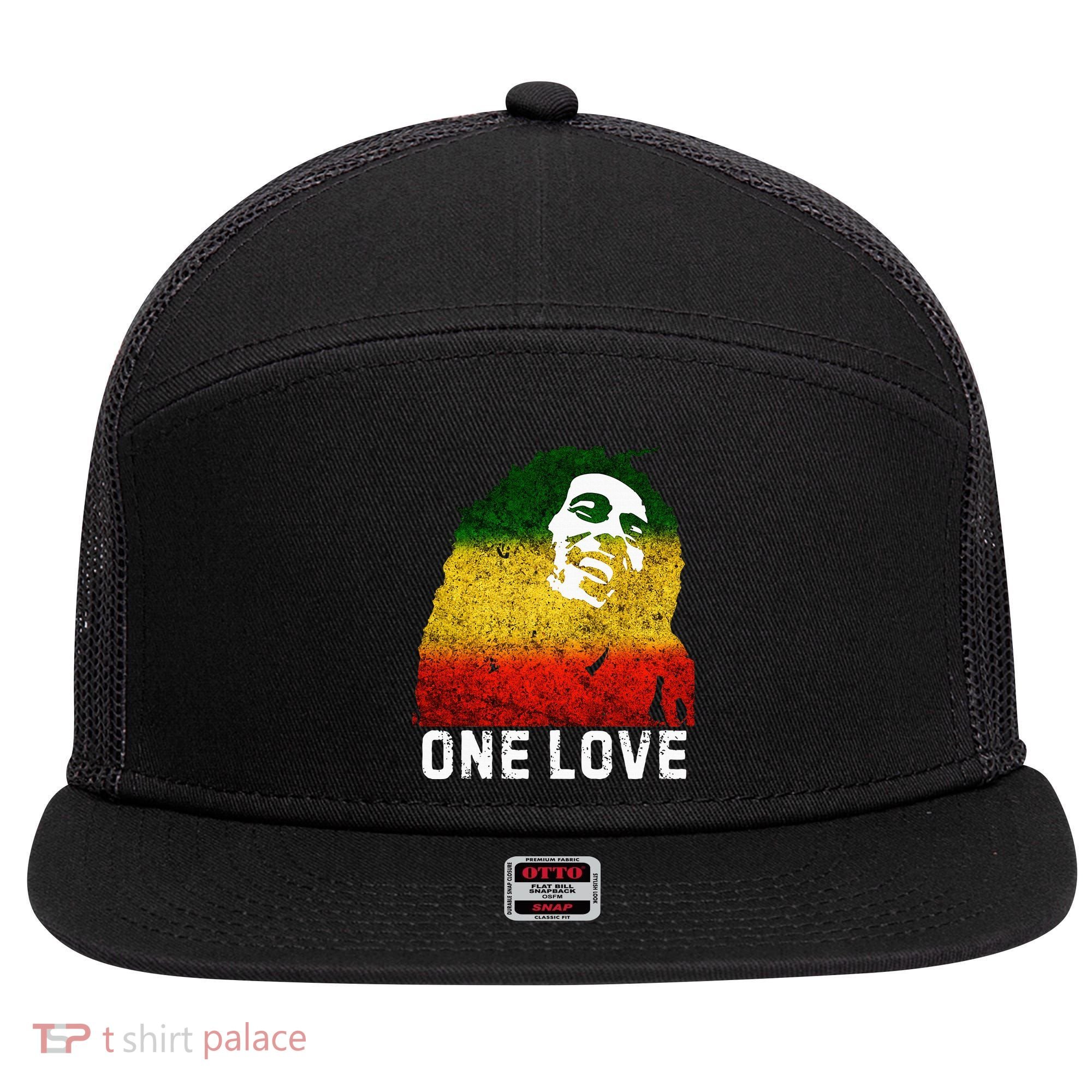 One Reggae Love Reggae Music Rastafarian Jamaica Rock Roots 7 Panel Mesh Trucker Snapback Hat