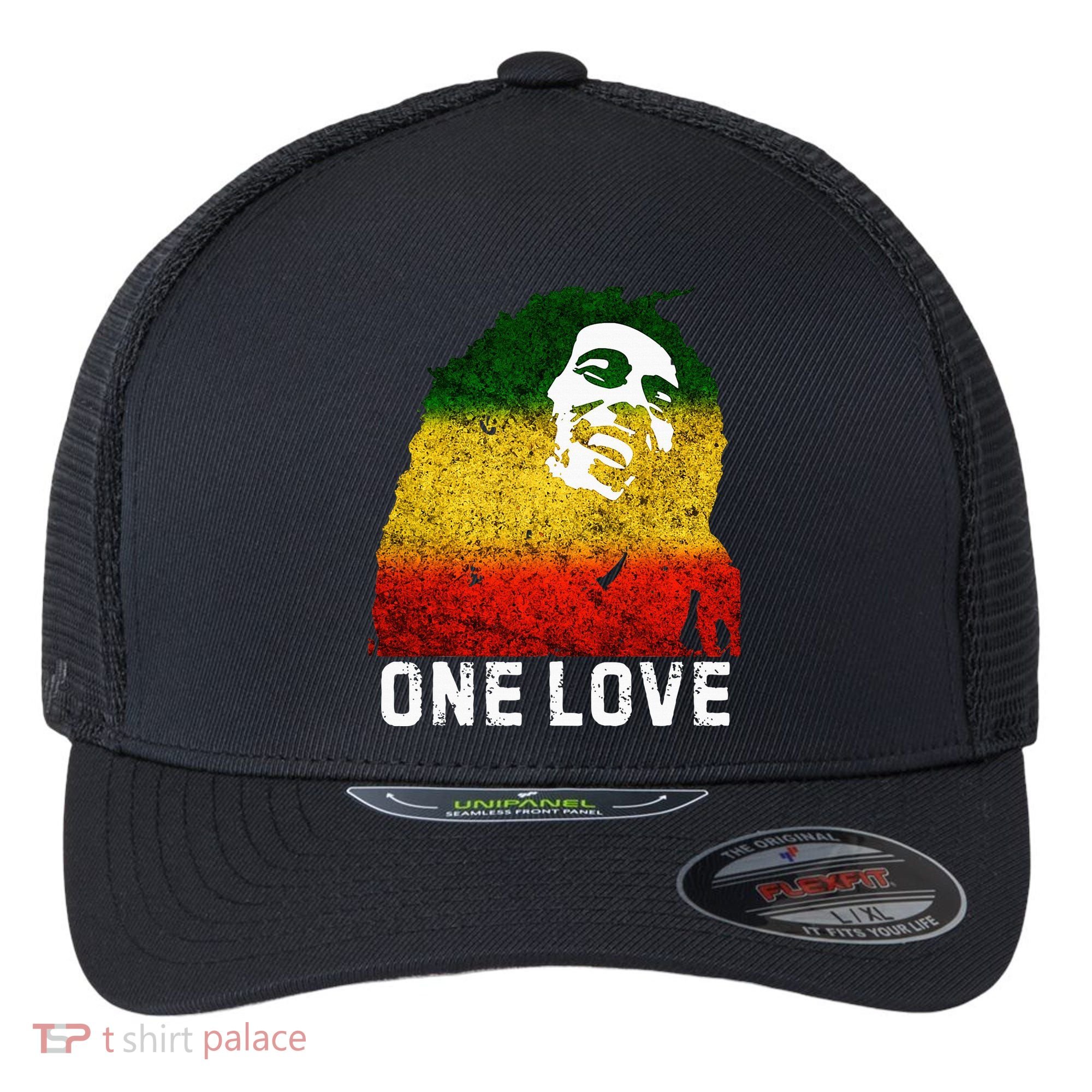One Reggae Love Reggae Music Rastafarian Jamaica Rock Roots Flexfit Unipanel Trucker Cap