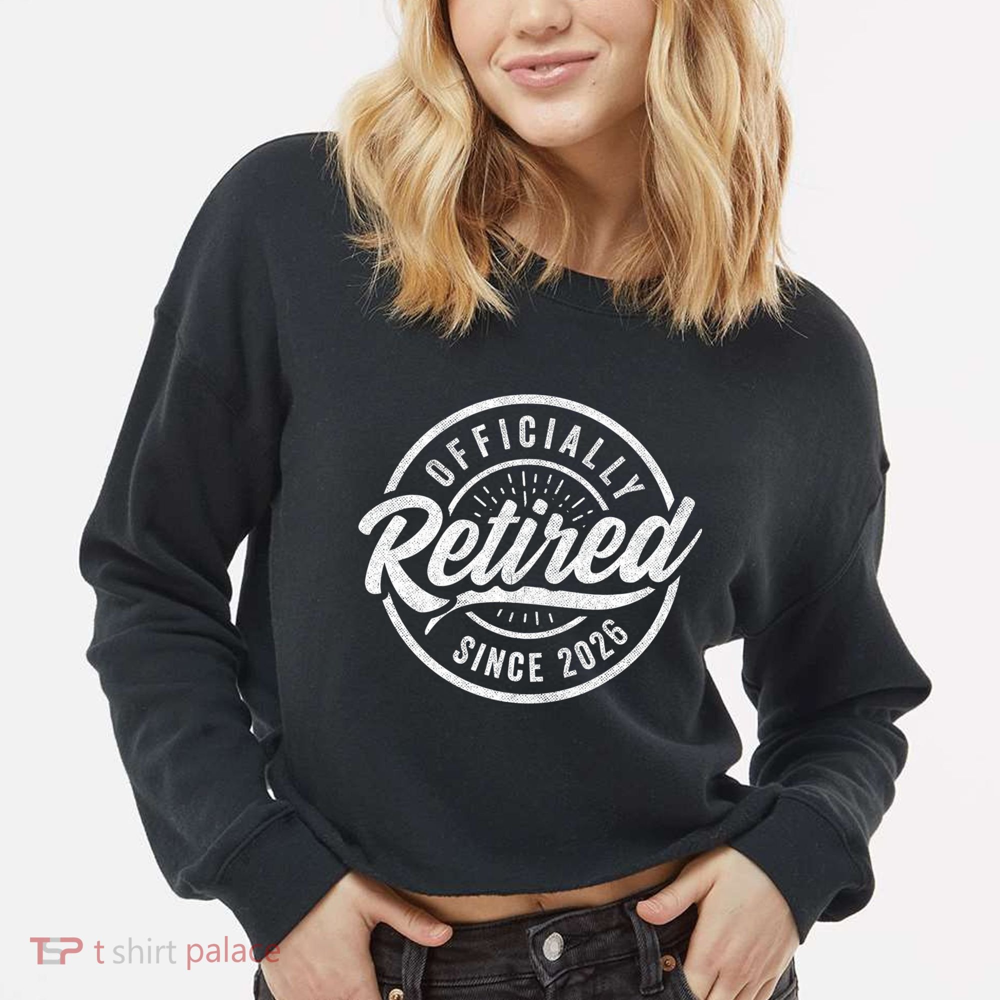 Officially Retired Since 2026 Distressed Emblem Cropped Pullover Crew