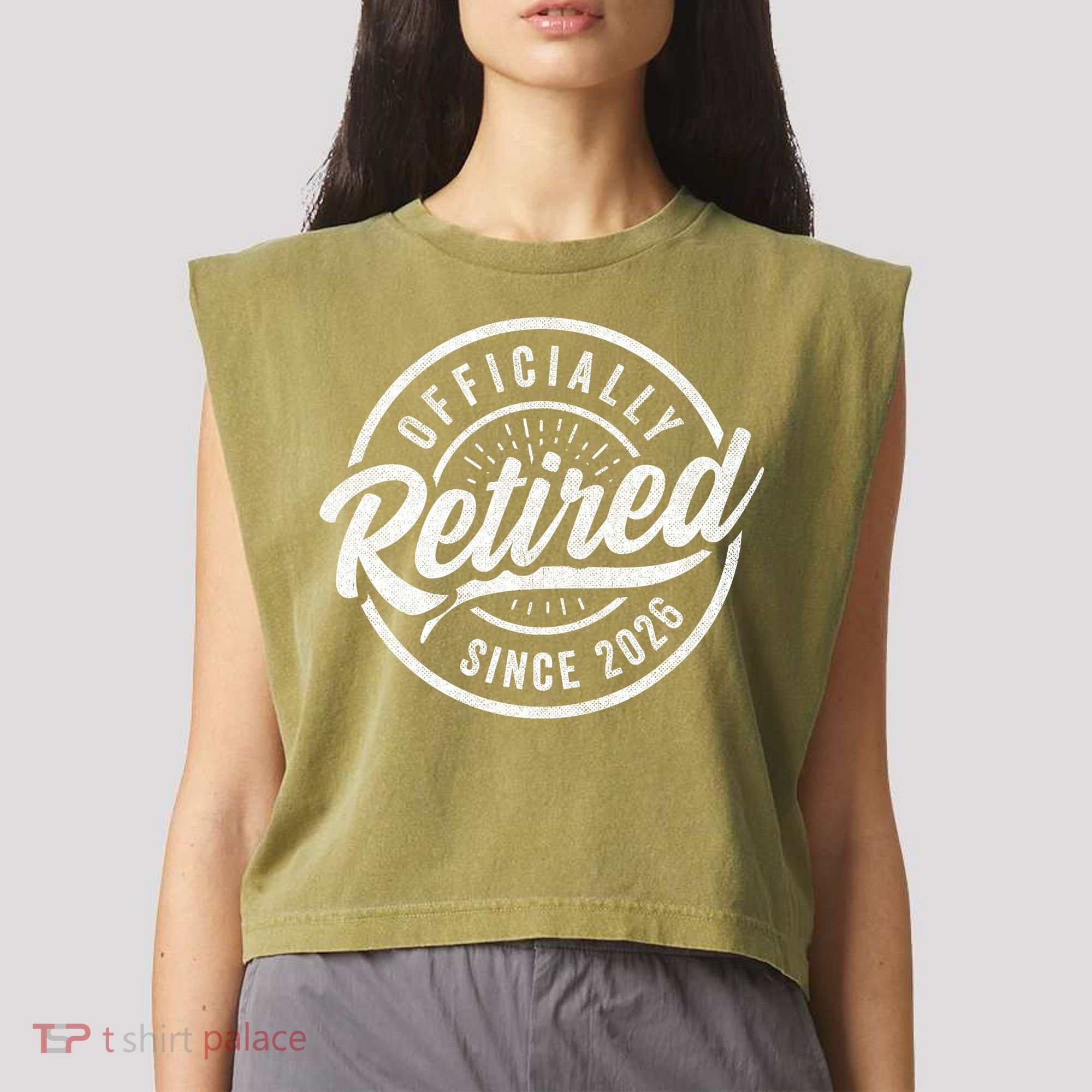 Officially Retired Since 2026 Distressed Emblem Garment-Dyed Women's Muscle Tee