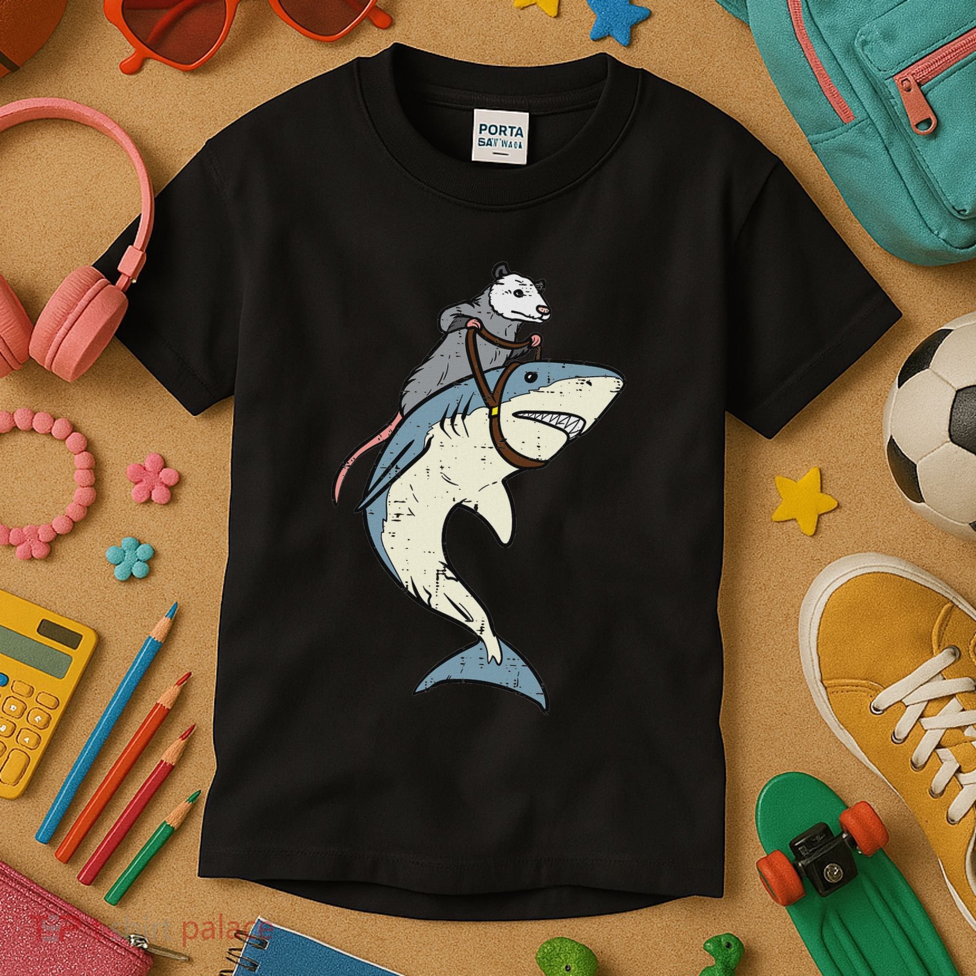 Opossum Riding Shark Fun Possum Kids T-Shirt