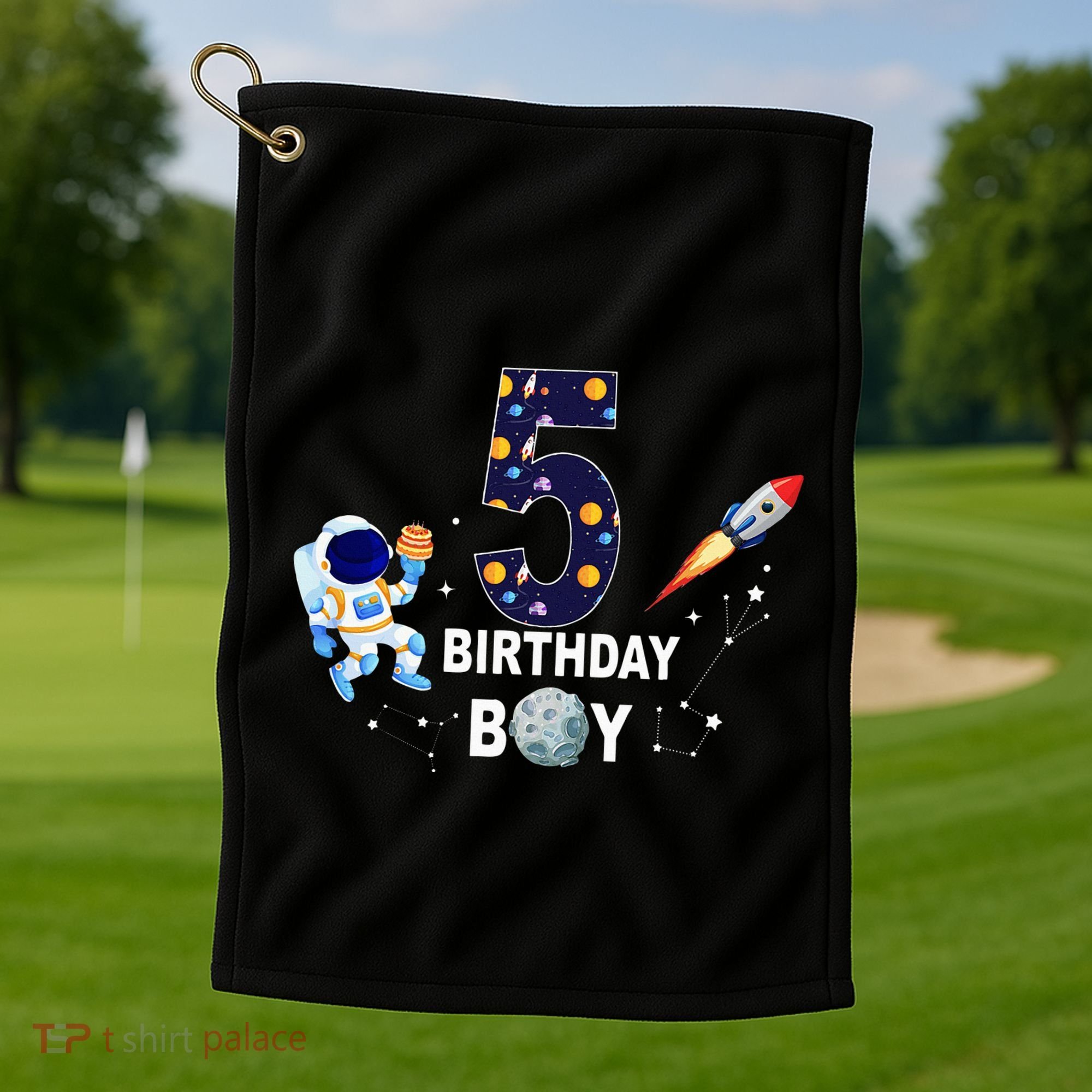 Outer Space 5th Birthday 5 Year Old Solar System Astronaut Golf Towel