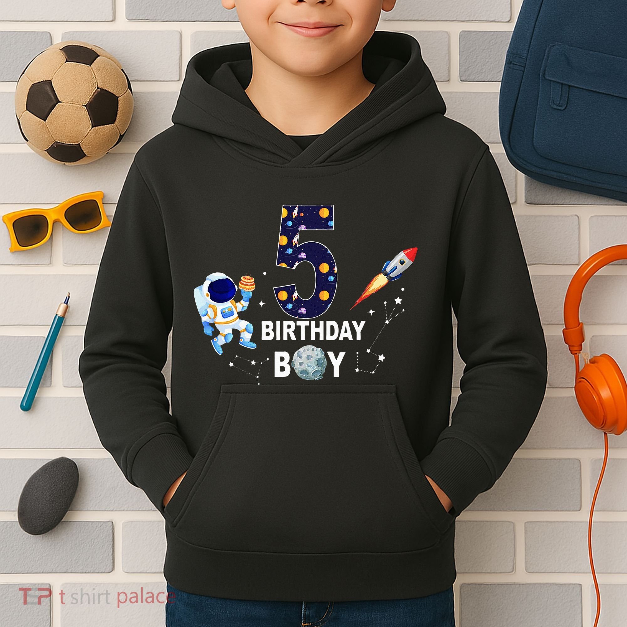 Outer Space 5th Birthday 5 Year Old Solar System Astronaut Kids Hoodie