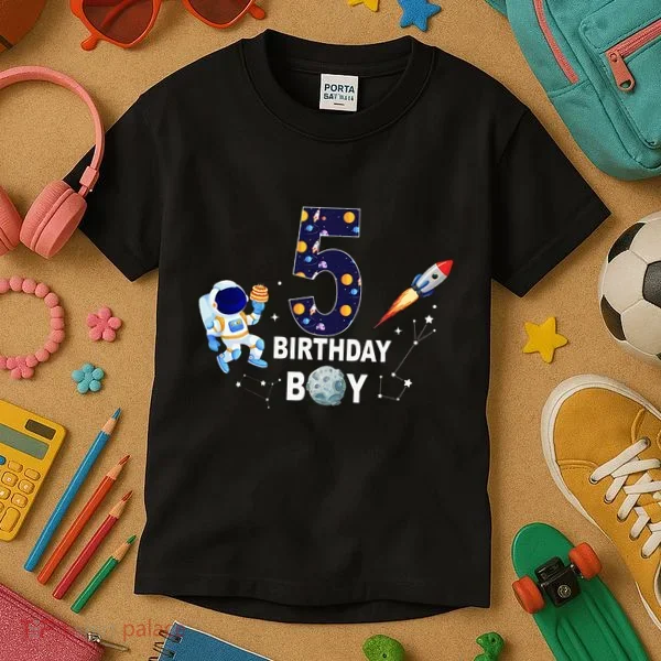 Outer Space 5th Birthday 5 Year Old Solar System Astronaut Kids T-Shirt