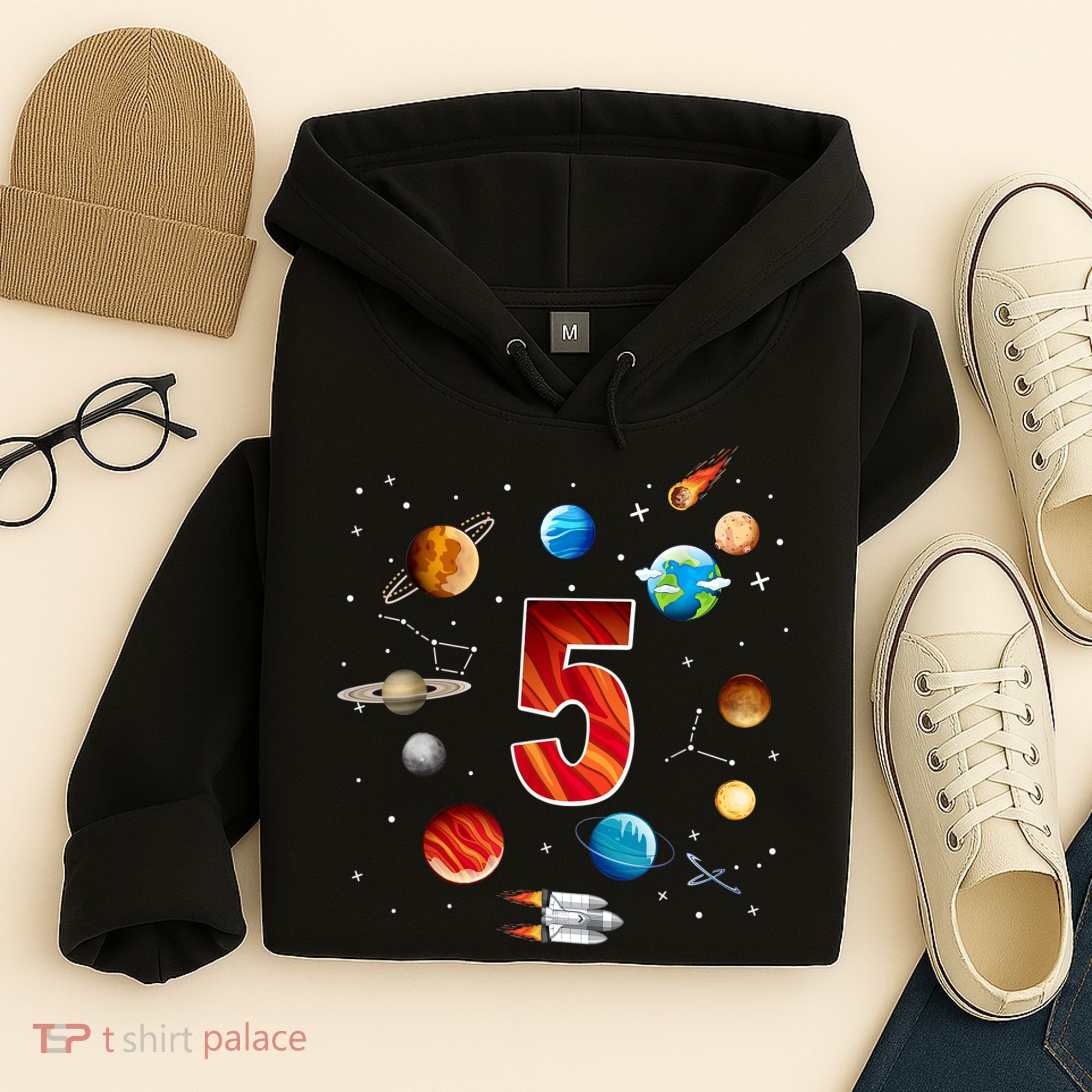 Outer Space 5 Years Old 5th Birthday Boys Planets Astronaut Hoodie