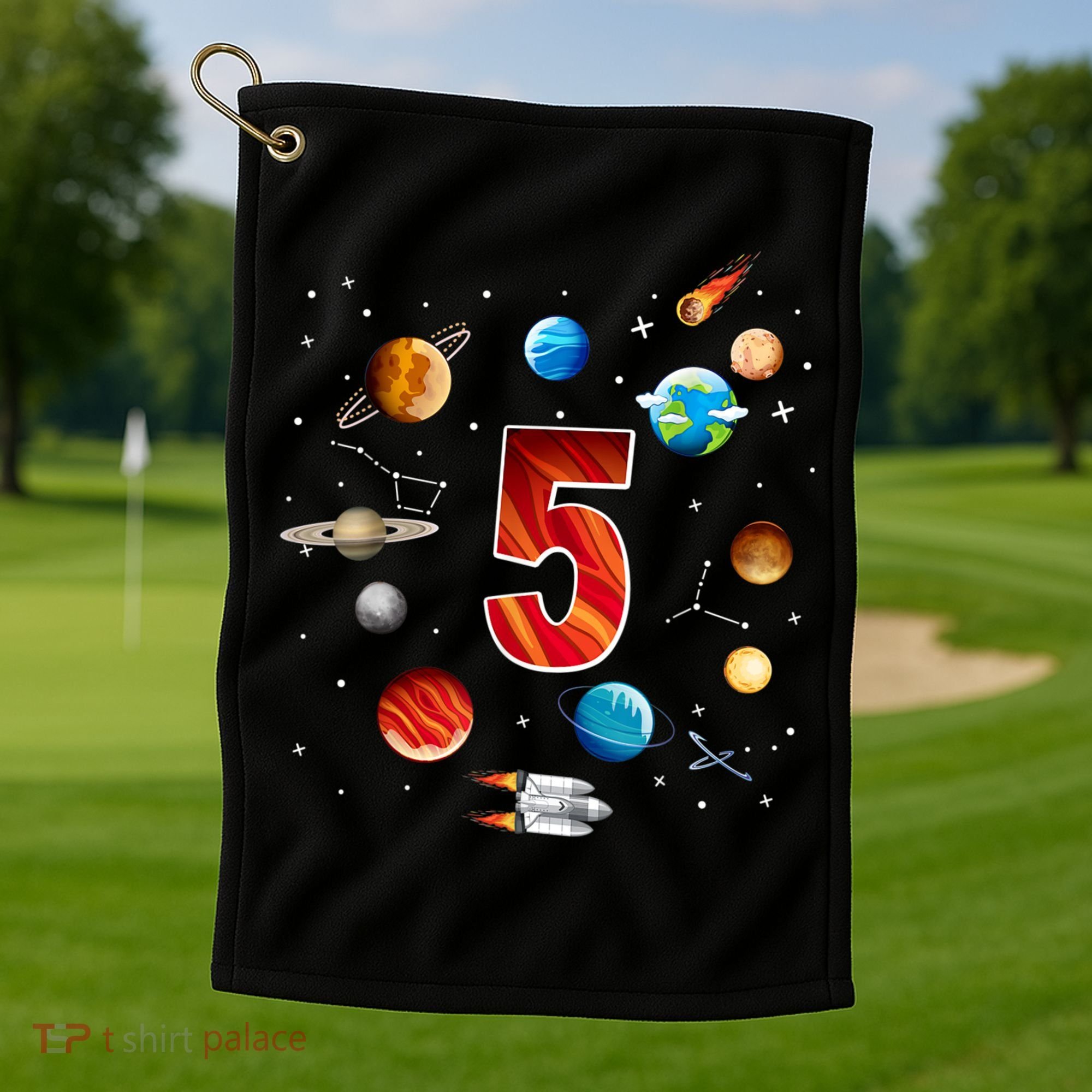 Outer Space 5 Years Old 5th Birthday Boys Planets Astronaut Golf Towel