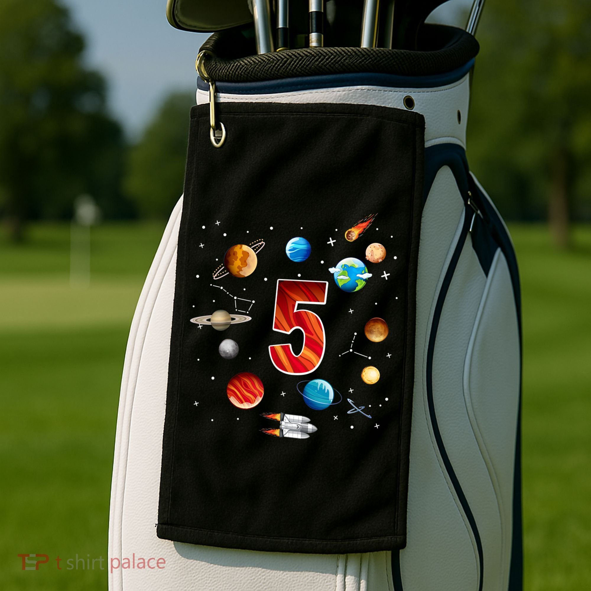 Outer Space 5 Years Old 5th Birthday Boys Planets Astronaut Golf Towel