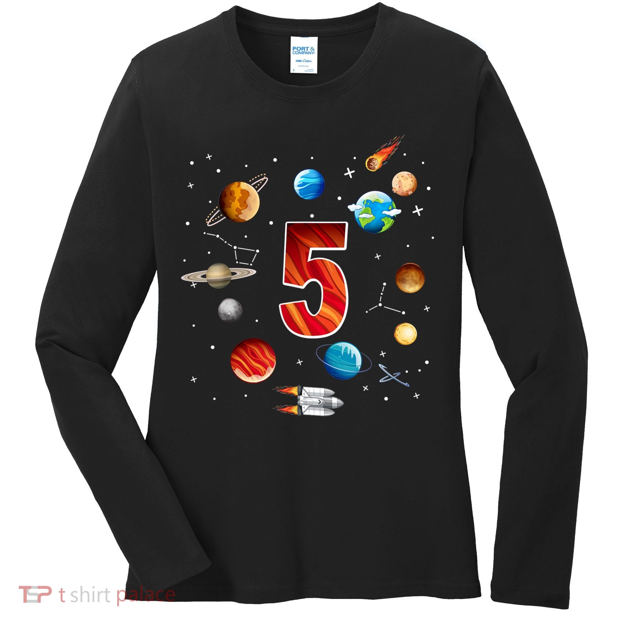 Outer Space 5 Years Old 5th Birthday Boys Planets Astronaut Women's Long Sleeve Shirt