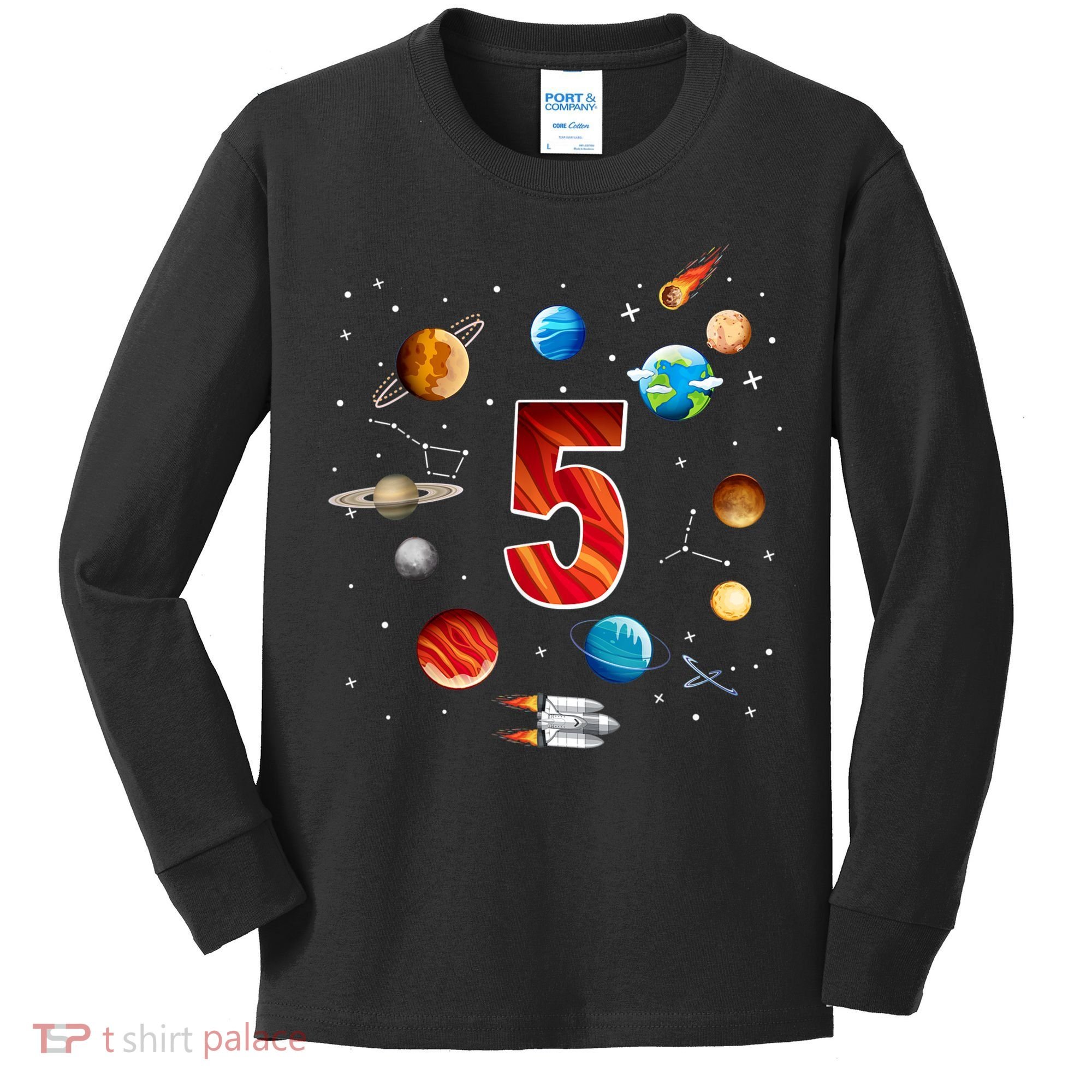Outer Space 5 Years Old 5th Birthday Boys Planets Astronaut Kids Long Sleeve Shirt