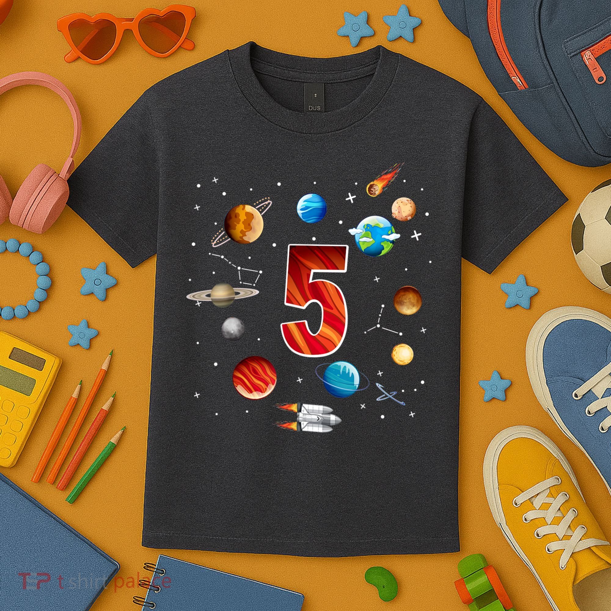 Outer Space 5 Years Old 5th Birthday Boys Planets Astronaut Kids T-Shirt